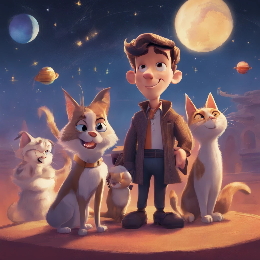 A Disney Pixar movie poster with a character with a short beard and mustache. Wearing a wizard's outfit, smiling, singing into a stand microphone, one arm holding a dog and the other holding a cat. under a blue sky, full of stars, planets and flying saucers