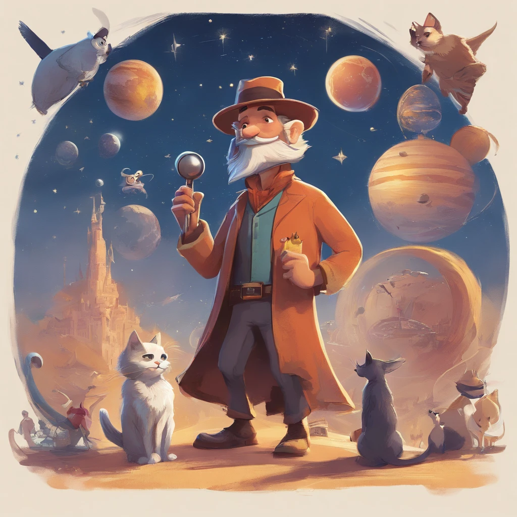 A Disney Pixar movie poster with a character with a short beard and mustache. Wearing a wizard's outfit, smiling, singing into a stand microphone, one arm holding a dog and the other holding a cat. under a blue sky, full of stars, planets and flying saucers