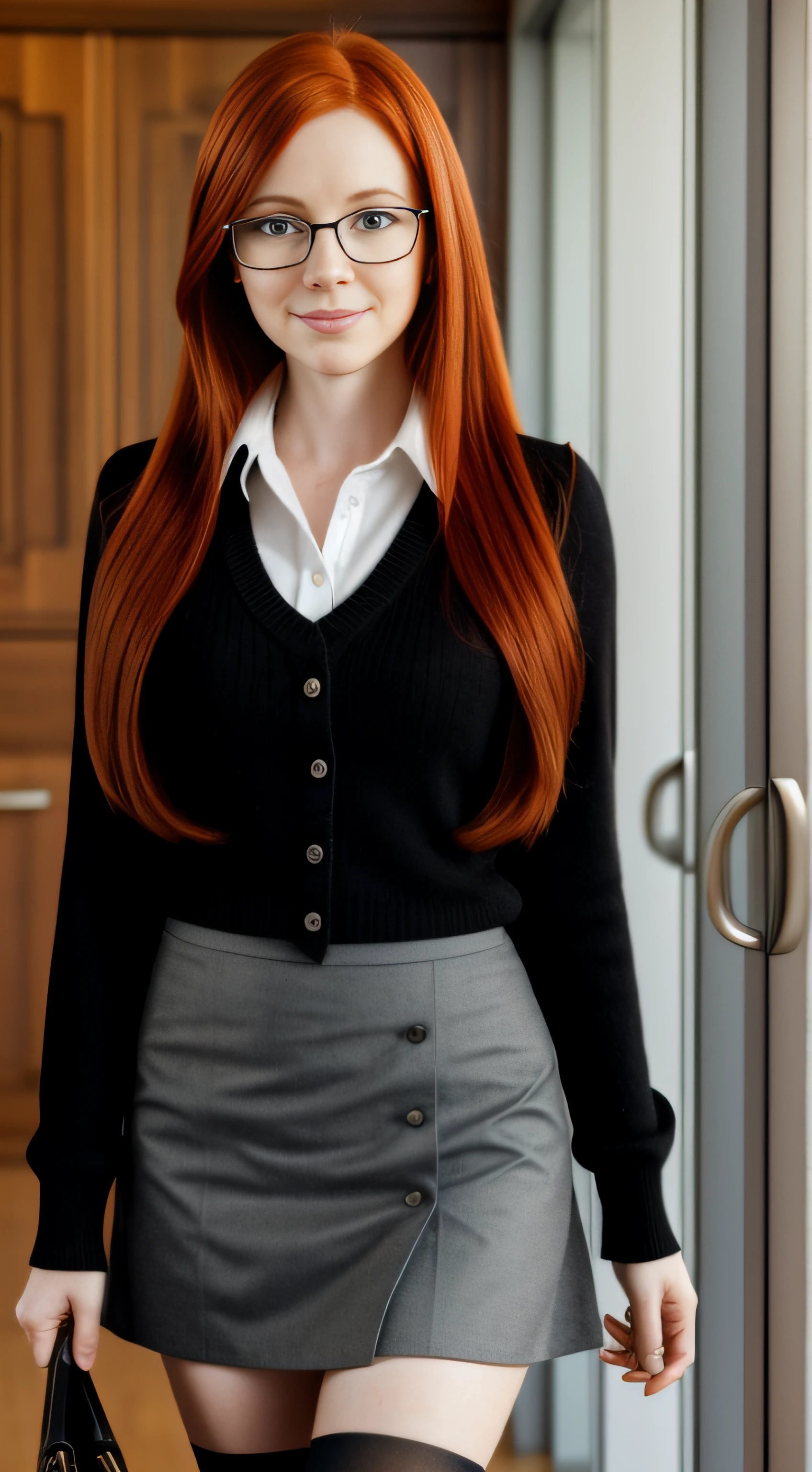 Redhead girl, young secretary, short skirt, black pantyhose, glasses, long flowing red hair with freckles