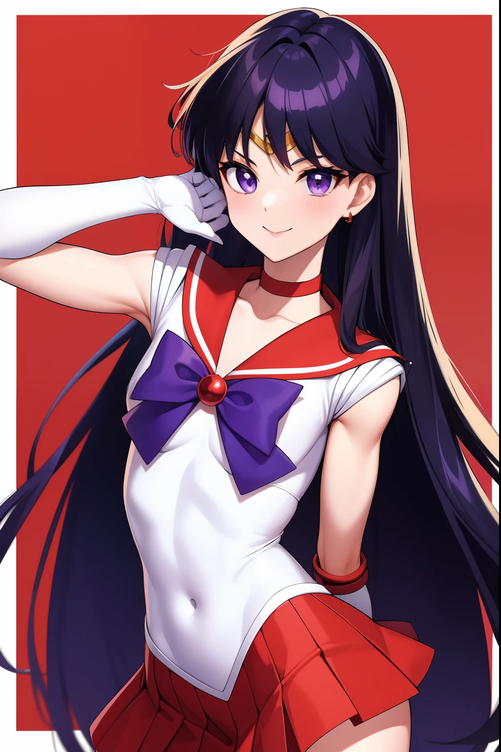 Sailor Mars、Anime Boy、Cool anime boys、gender change、gender change(Girls to boys)、Sailor Senshi Uniform、Rei Hino、solo、Red sailor collar、Blue bow tie、skirt、Boy with very long black hair、rating:safe、Flames around him、a red skirt、Magical Boy、a red choker、White leotard、highleg leotard、robe blanche, traditional_media、fire、marker_(medium)、neck、burning、upper_body、elbowgloves、makeup、jewelry、circlet、looking_at_viewer、white glove、eyeslashes、lips、smile、flame、a miniskirt、pleatedskirt、collarbone、Bare shoulders、bangs、Muscular men、耳Nipple Ring、Boy with Purple Eyes、Boy with Black Eyes、multicolored_background、covered_navel、(1990's\(styles\):0.9)、
