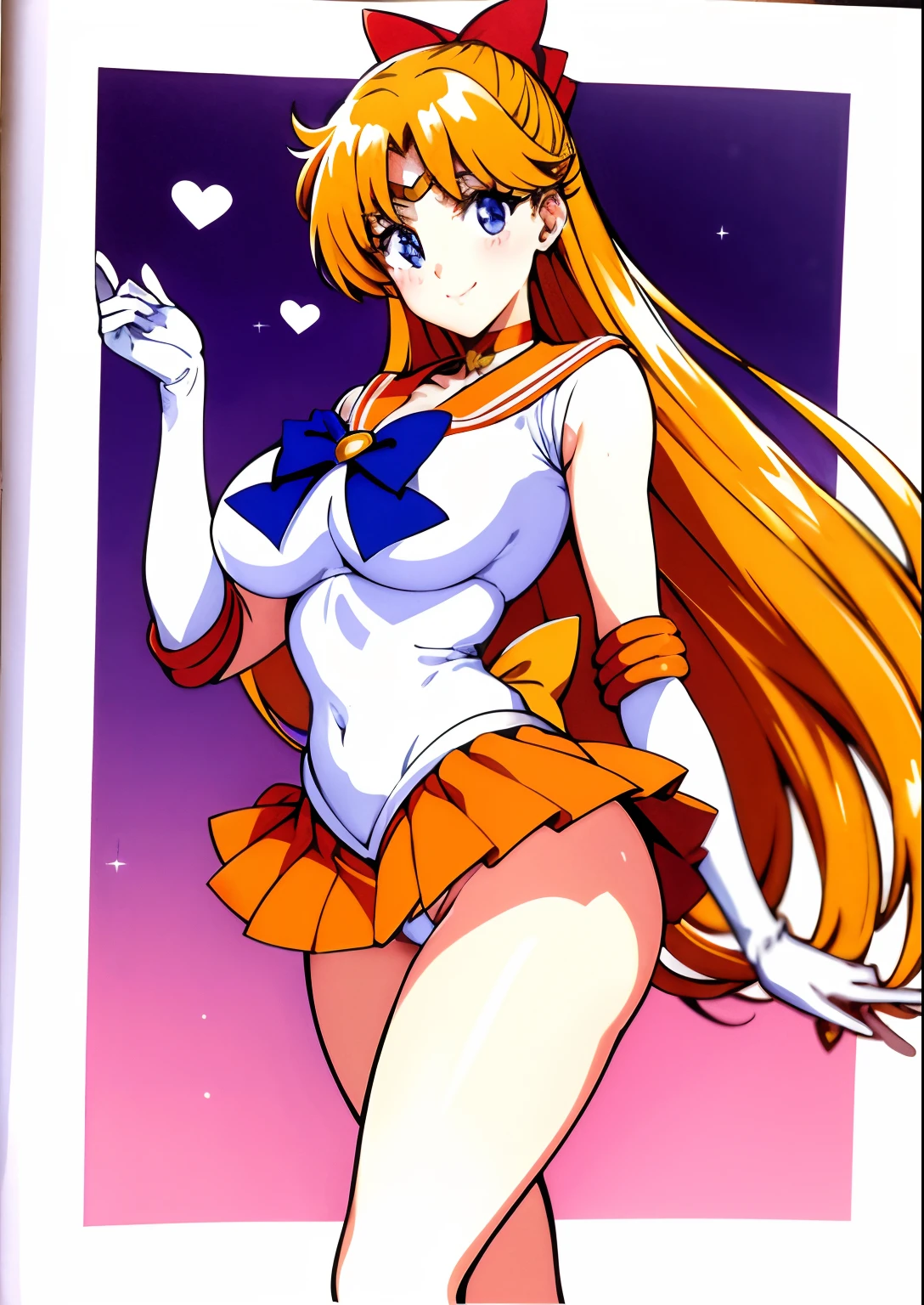 aino minako、Sailor Senshi Uniform、Anime Aunt、A MILF、a matural female、Older、age 40s、MILF、orangechoker、gold choker、elbowgloves、sailorvenus、Very long blonde woman、Orange miniskirt、Gold miniskirt、 white glove、Orange sailor collar、Gold sailor collar、solo、Woman with very large breasts、huge tit、Red ribbons、White leotard、highleg、highleg leotard、robe blanche、purple bowtie、magical 、耳Nipple Ring、smile、heart_background、star_background、traditional_media、jewelry、circlet、Blue-eyed woman、looking_at_viewer、shiny、Half Up Hair、mature、rating:questionable、closed_mouth、pleatedskirt、wide-hips、cowboy_shot、impossible_clothes、bangs、shiny_skin、purple_background、Woman standing、eyebrows_visible_through_hair、long legs、shiny_hair、thighs、blush、legs、rating:safe、Orange High Heels、Golden high heels、bare legs、Bare shoulders、(1990's\(styles\):0.9)、