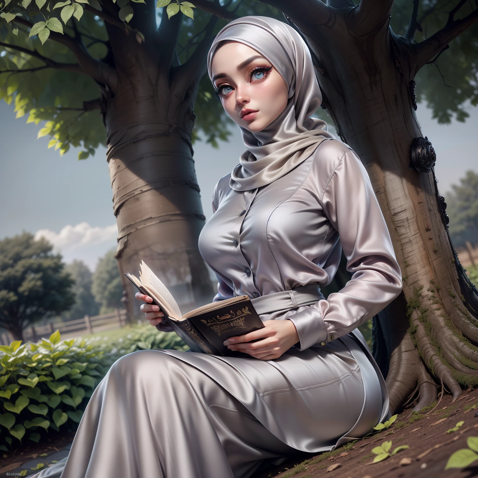 3DMM, ((Masterpiece, best quality, photography, detailed skin, realistic, photo-realistic, 8k, highly detailed, full length frame, High detail RAW color art, diffused soft lighting, shallow depth of field, sharp focus, hyperrealism, cinematic lighting, hijab, a woman in a beautifully makeup, smokey eyeshadow, beautiful big eyes, long eye lashes, wearing (Taupe satin hijab), loosely tide hijab style, ((gray satin shirt)), satin long maxi skirt, reading, sitting under tree, garden