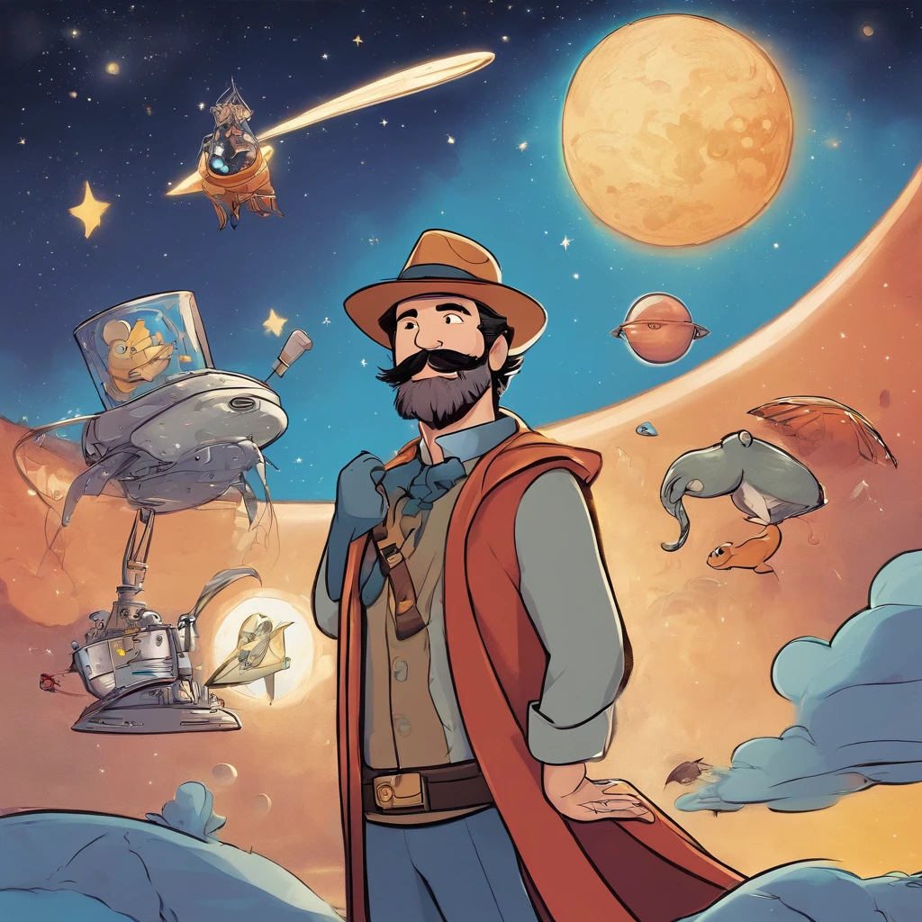 A Disney Pixar movie poster with a character with a short beard and mustache. Wearing a wizard's outfit, smiling, singing into a stand microphone, one arm holding a dog and the other holding a cat. under a blue sky, full of stars, planets and flying saucers