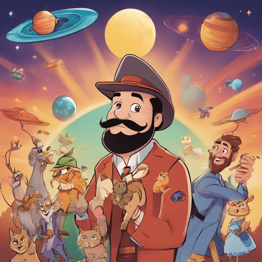 A Disney Pixar movie poster with a character with a short beard and mustache. Wearing a wizard's outfit, smiling, singing into a stand microphone, one arm holding a dog and the other holding a cat. under a blue sky, full of stars, planets and flying saucers