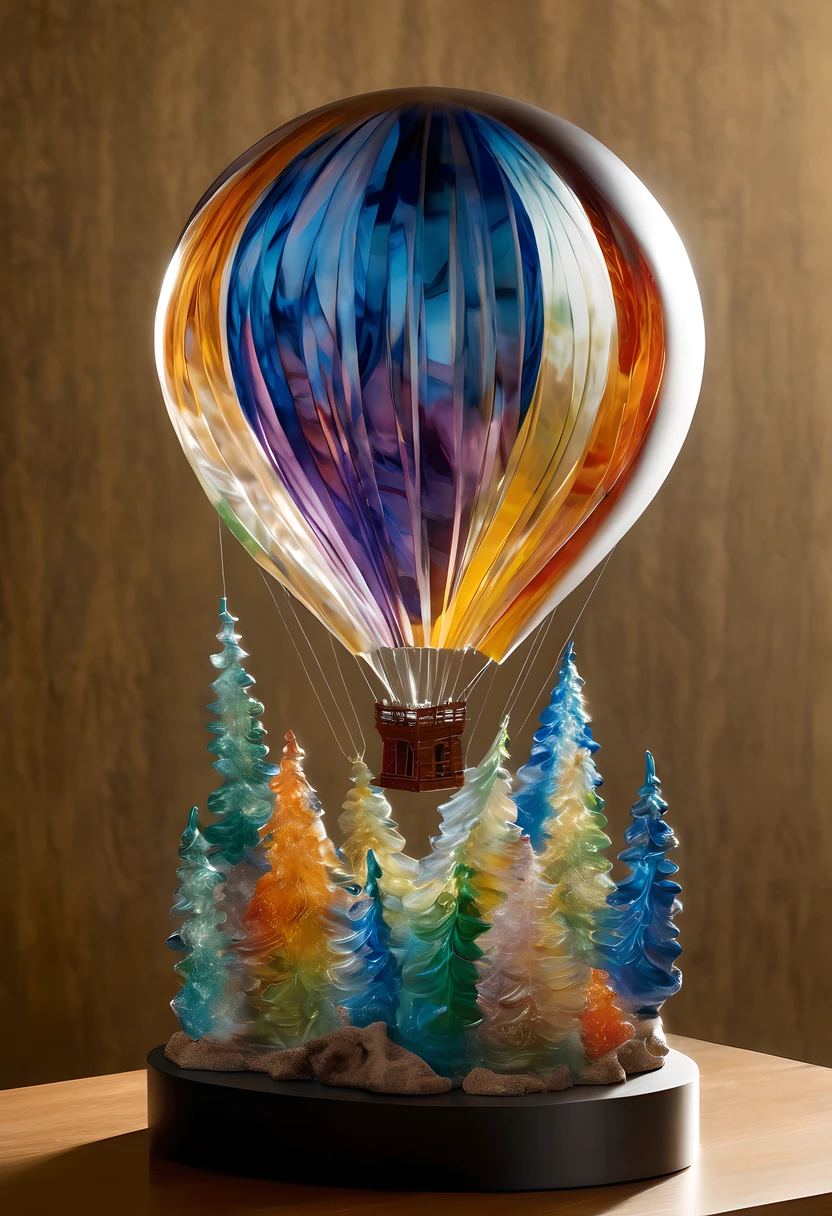Step into the world of sculpture with this captivating artwork featuring a hot air balloon made entirely of glass. The sculpture showcases the delicate craftsmanship and transparency of glass, creating a stunning and ethereal visual effect. The use of light and shadows adds depth and dimension to the sculpture, evoking a sense of fragility and beauty. Renowned glass artist Dale Chihuly skillfully captures the intricate beauty of this glass hot air balloon sculpture in this visually striking piece,3d