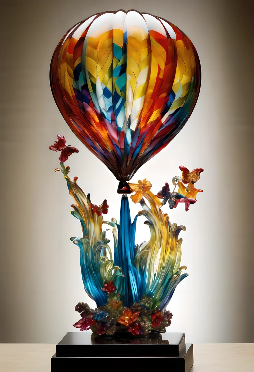 Step into the world of sculpture with this captivating artwork featuring a hot air balloon made entirely of glass. The sculpture showcases the delicate craftsmanship and transparency of glass, creating a stunning and ethereal visual effect. The use of light and shadows adds depth and dimension to the sculpture, evoking a sense of fragility and beauty. Renowned glass artist Dale Chihuly skillfully captures the intricate beauty of this glass hot air balloon sculpture in this visually striking piece，3d