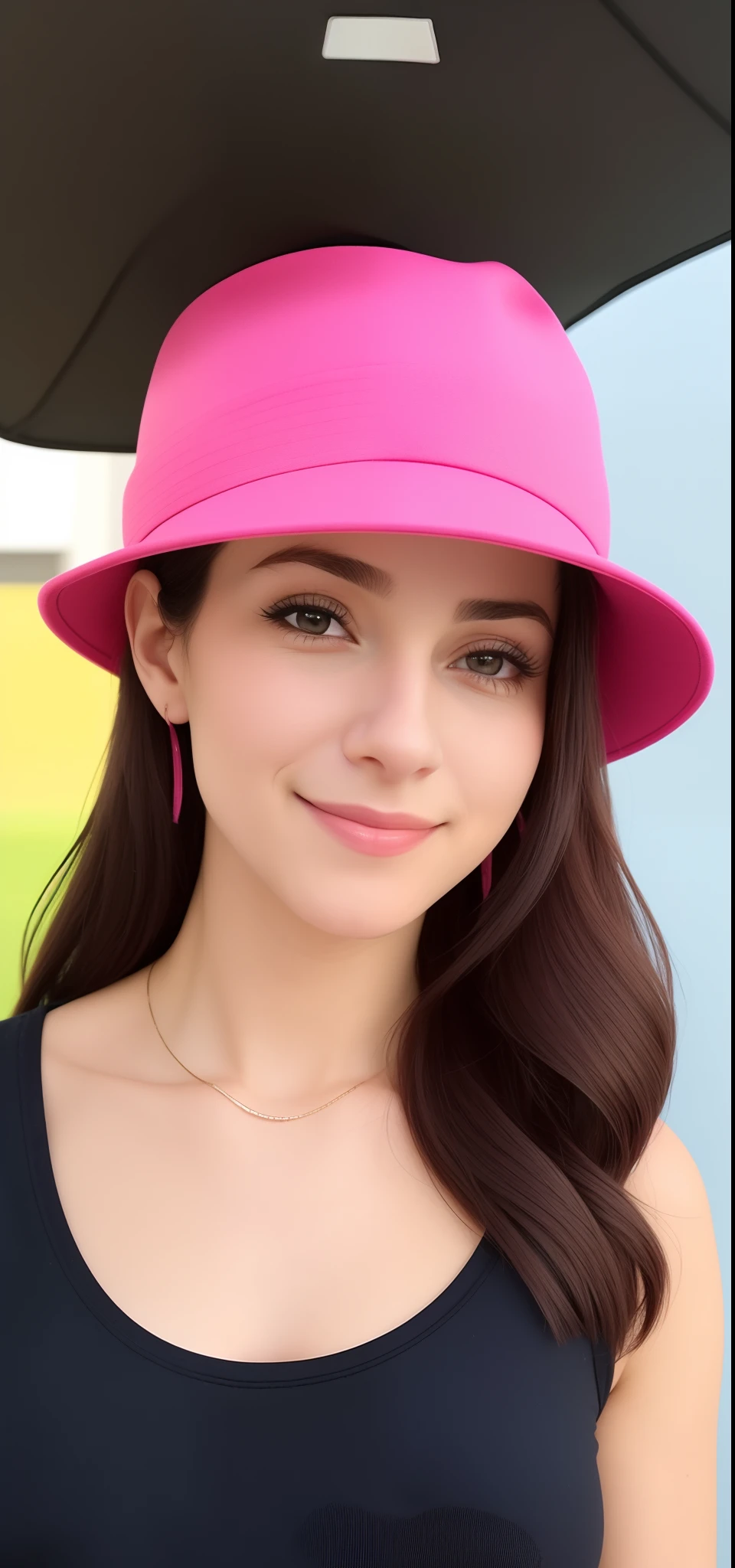 A closeup of a woman wearing a pink hat and a black shirt, imagem de perfil, foto de perfil, foto de perfil, taken in the early 2020s, wearing baseball cap, She is wearing a hat, wearing a cute hat, foto de perfil headshot, it's wearing a cute little hat, foto do perfil, Mulher de 30 anos, 3 0 anos de idade mulher