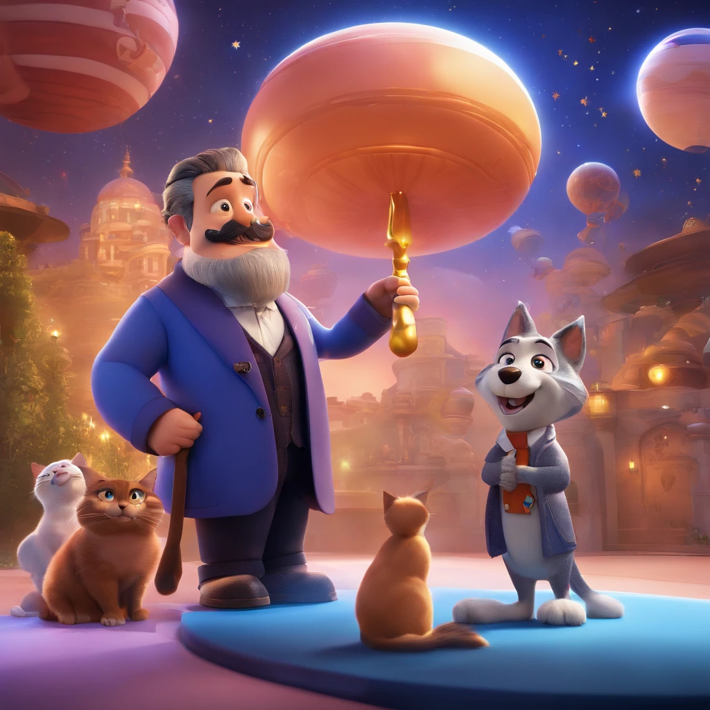 A Disney Pixar movie poster with a character with a short beard and mustache. Wearing a wizard's outfit, smiling, singing into a stand microphone, one arm holding a dog and the other holding a cat. under a blue sky, full of stars, planets and flying saucers