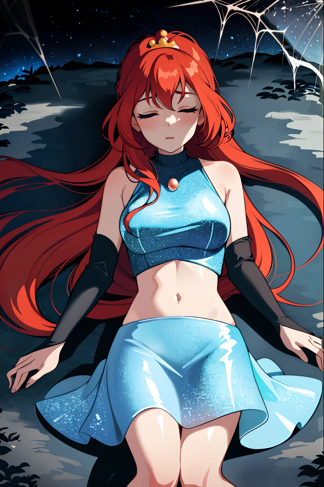 A red-haired girl with long, messy hair emerges sensually from a dark lake of blood