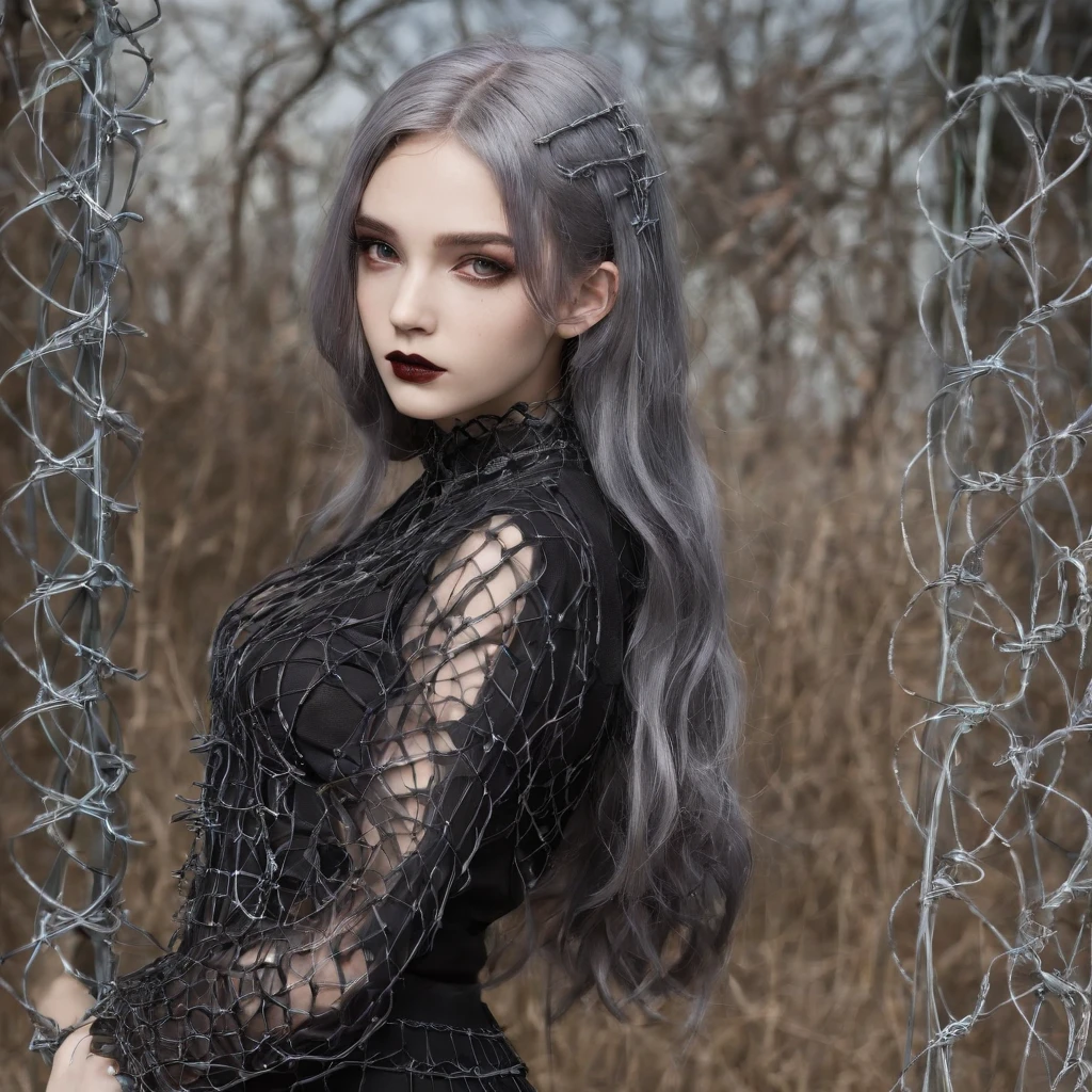 Girl in symbolic clothes of Gothic net, 。.。.com (Barbed wire for the body) brunette color hair，Gray hair ends、hi-school girl、 student