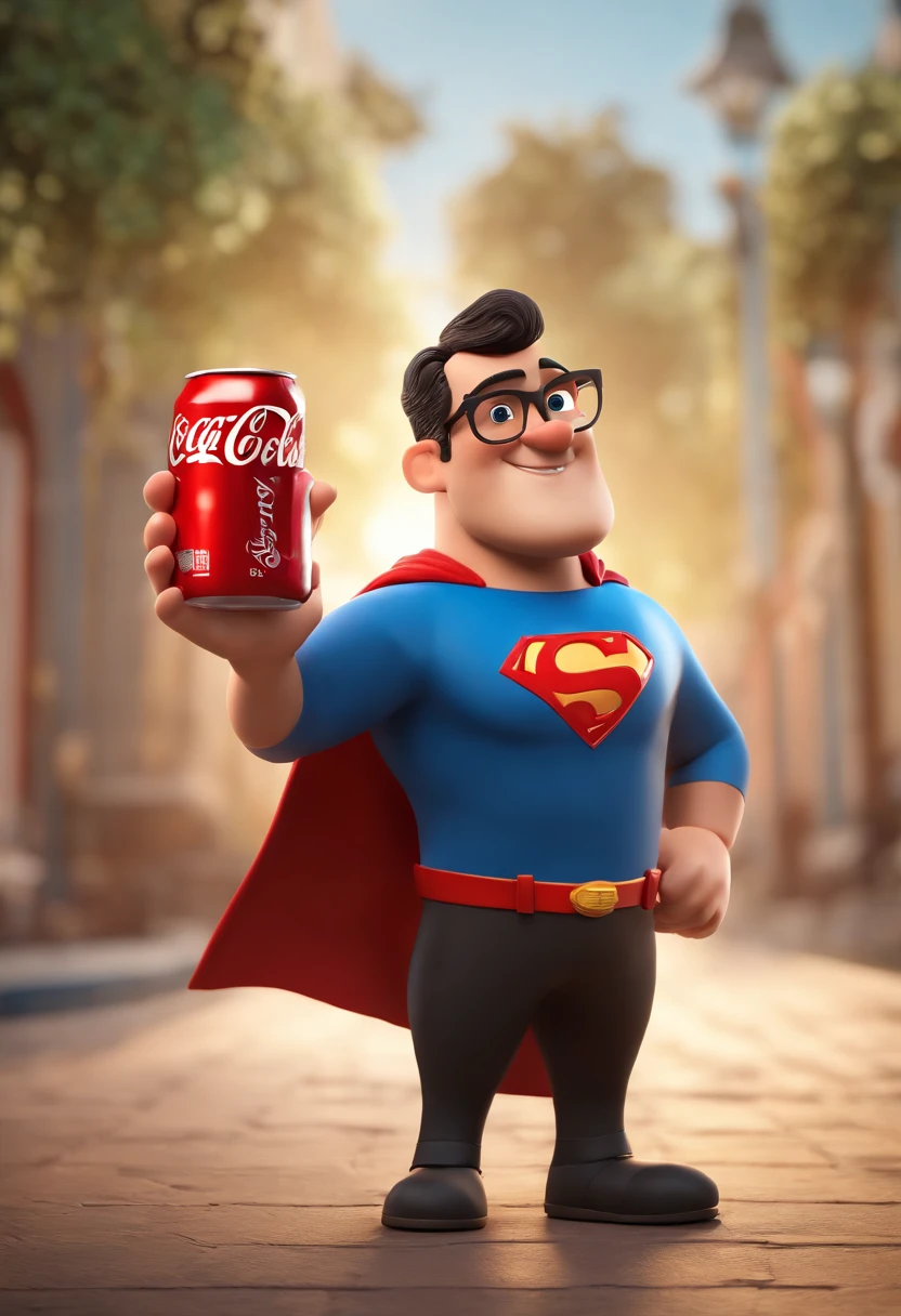 Cartoon character of a man with black glasses and a blue shirt, animation character, Caractere estilizado, animation style rendering, 3D estilizado, Arnold Maya render, 3 d render stylized, toon render keyshot, Personagem 3D, Personagem 3D, 3d rendering stylized, 3 d character render, personagem de desenho animado, Personagem de close up, Pose de personagem,  (Estilo Pixar) (master part:1.2) (Bokeh) (best quality) (pele detalhada) (textura detalhada) (8k) (argila) (Cinematic lighting) (foco nítido.superman happily shows off a can of coca cola in his hand, coca cola shop background, happy mood, realistic background, full color, hyper realistic, The photo is taken with a Canon EOS 5D Mark IV camera, a Canon EF 50mm f/1.2 L USM lens, an aperture of f/1.2, and an ISO of 100