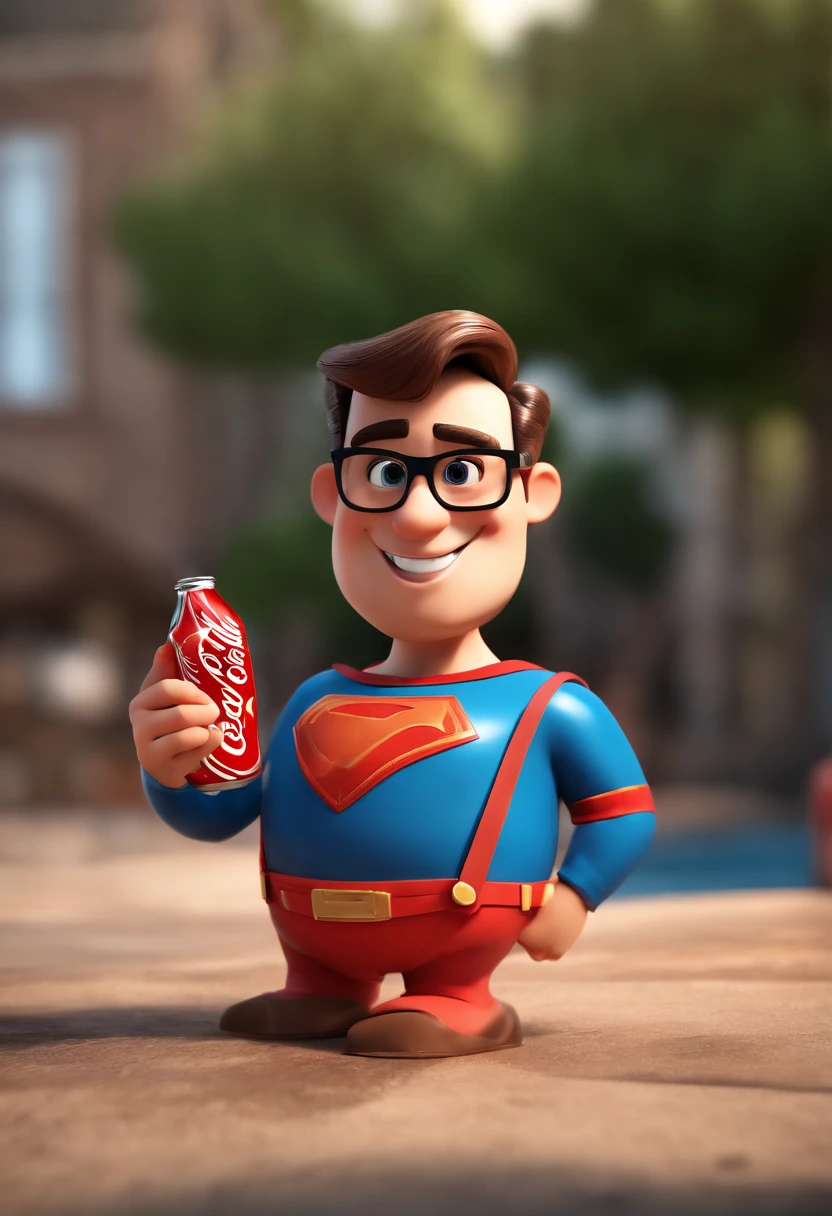 Cartoon character of a man with black glasses and a blue shirt, animation character, Caractere estilizado, animation style rendering, 3D estilizado, Arnold Maya render, 3 d render stylized, toon render keyshot, Personagem 3D, Personagem 3D, 3d rendering stylized, 3 d character render, personagem de desenho animado, Personagem de close up, Pose de personagem,  (Estilo Pixar) (master part:1.2) (Bokeh) (best quality) (pele detalhada) (textura detalhada) (8k) (argila) (Cinematic lighting) (foco nítido.superman happily shows off a can of coca cola in his hand, coca cola shop background, happy mood, realistic background, full color, hyper realistic, The photo is taken with a Canon EOS 5D Mark IV camera, a Canon EF 50mm f/1.2 L USM lens, an aperture of f/1.2, and an ISO of 100