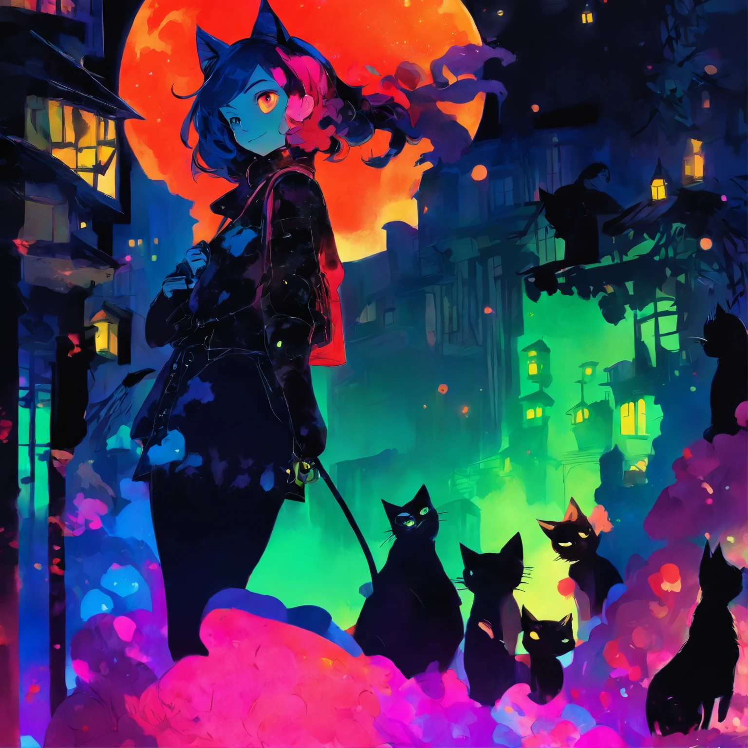 girl with a black cat on her shoulder, in anime style, there is a one cat next to her, in anime style, coraline, detailed fanart, anime style illustration, masterpiece, high resolution, one girl, one black cat, Button in the background acuarela style, one large button in the back, flat background, white background, illustration for sticker, sticker art
