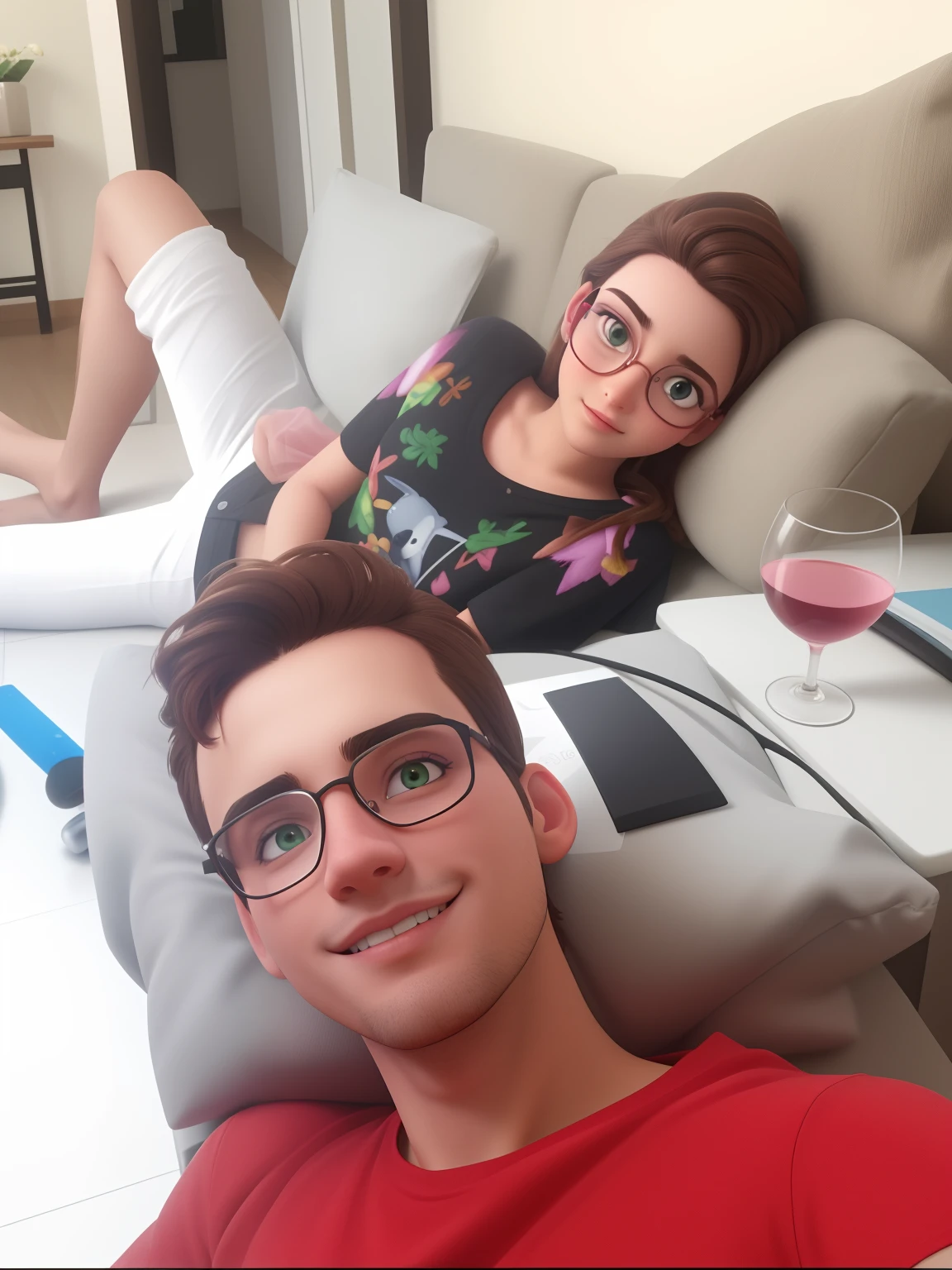 Criar estilo pixar disney (best quality,4k,8k,Altas,master part:1.2),ultra-detalhado,Realistic,Studious young man with messy light brown hair, cara bonita, forma quadrada do rosto, cabelos castanho claro e olhos verdes, cabelos curto franja loiro, vestindo uma gola alta branca, Black Thin Frame Glasses, a glass of rosé wine.