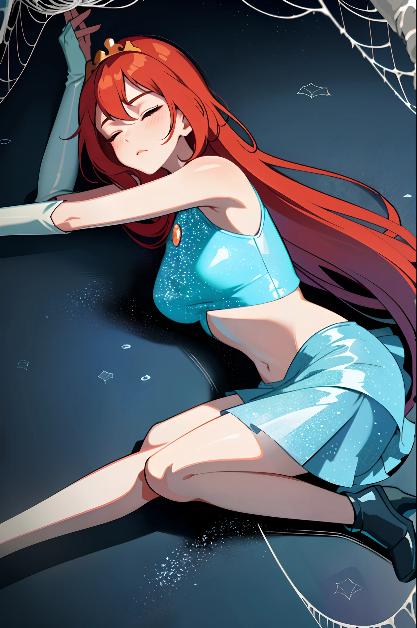 Bloom is lovingly languid on the ground, losing a tough battle in a dark cave. Bloom can't move from her prone position and unable to breath or open her eyes. (Bloom), (tousled orange hair, blue eyes, bangs, long hair), (fairy outfit), (grimy blue croptop, sleeveless, midriff, large breast, slender legs, rumpled short blue skirt, sparkling clothing, fairy wings, tiara, languid and enervated beneath the deep cave lake), (Bloom languid, prone defeated:1.5) (black background, cave walls, spider webs:1.3), (Shoujo anime style:1.4), (masterpiece:1.2), (Bloom prone on the ground:1.4), (full-body-shot:1),(Cowboy-shot:1.2), torch lighting, dark oppressive lighting, (highly detailed:1.2), (detailed face:1.4), (gradients), closed, shut eyes, head on the ground, shallow breathing , (detailed landscape:1.2), (natural lighting:1.2), (dynamic passed out pose:1.6), (solo, one person, 1girl:1.5),