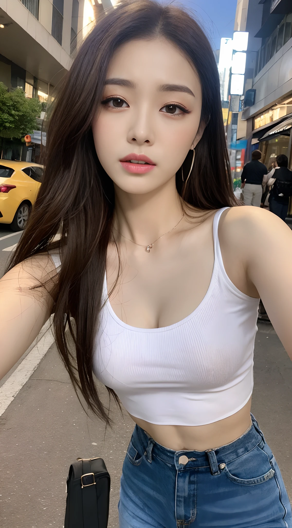 ((Realistic lighting, Best quality, 8K, Masterpiece: 1.3)), Clear focus: 1.2, 1girl, Perfect beauty: 1.4, Big breasts: 1.2, Slim abs: 1.1, ((dark brown hair)), (White crop top: 1.4), (Outdoor, night: 1.1), City streets, Super fine face, fine eyes, Double eyelids,