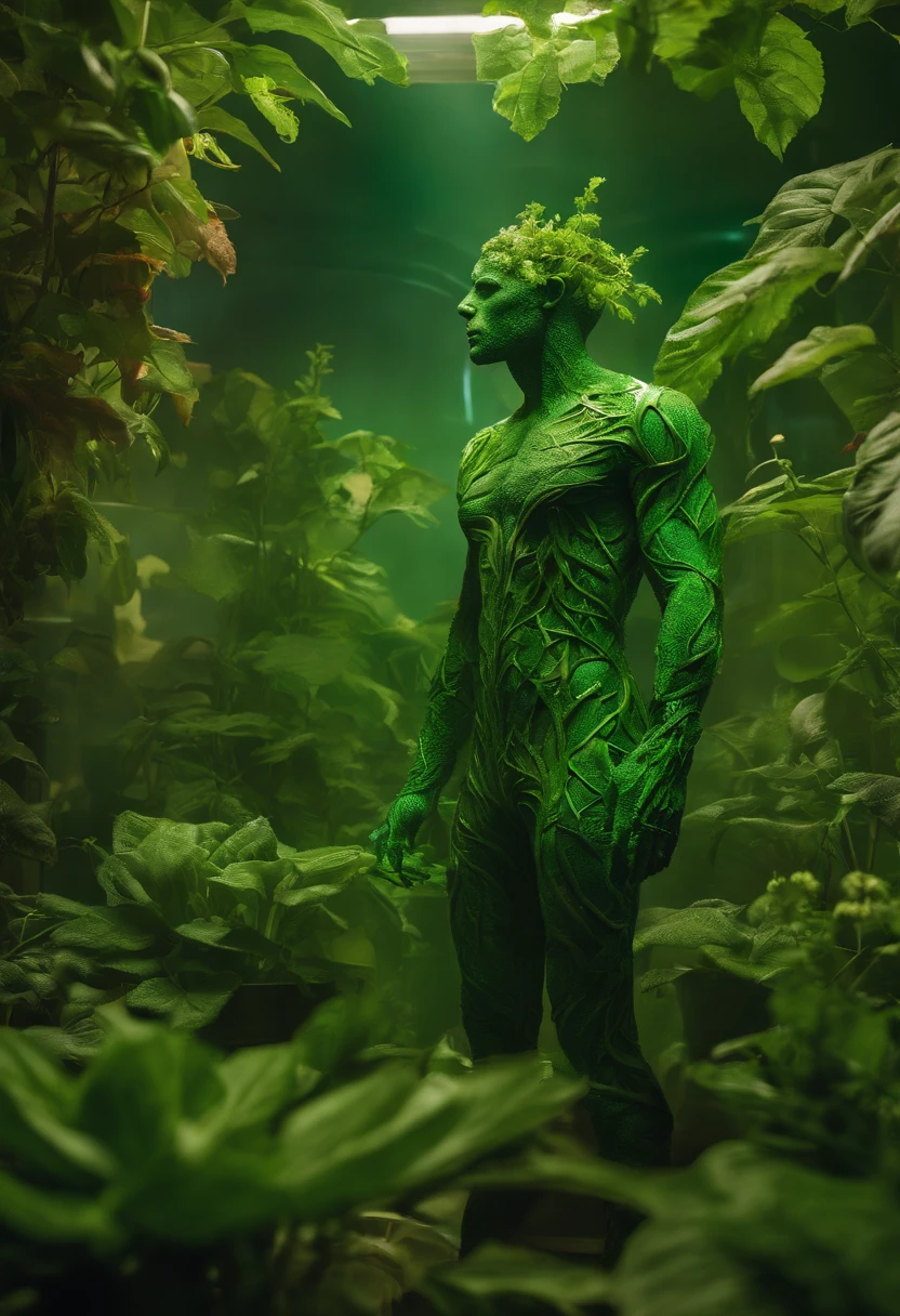 Image of a green man standing in a laboratory with plants coming out of his body, organic cyborg