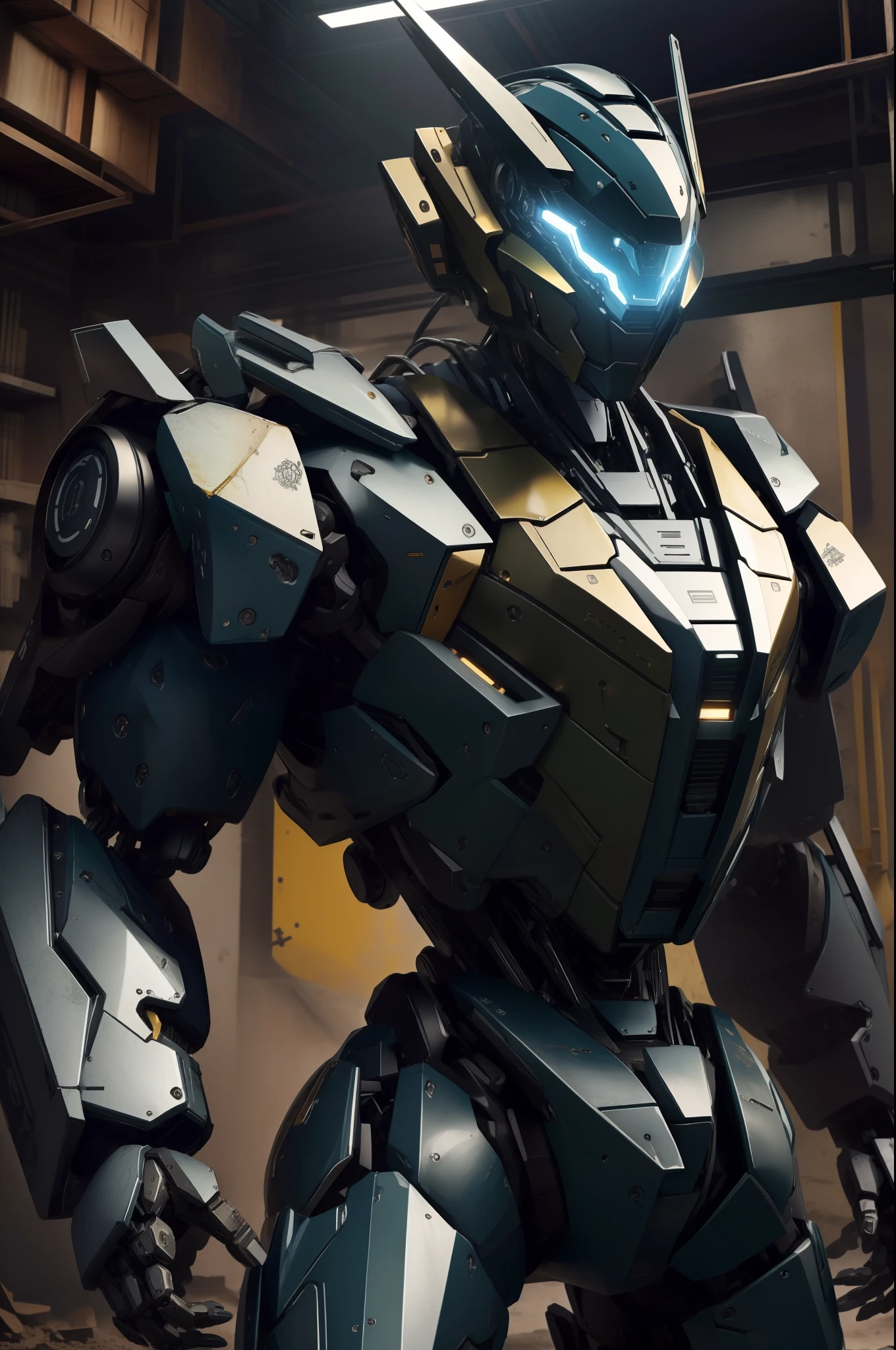 (obra-prima, melhor qualidade), detalhes intrincados, foto, realista, motor irreal, Mecha, humanoide robot, Roboto, robot joints, Joints, capacete, armadura, robot boy, Amarelo um pouco enferrujado, abandoned warehouse, terminais de computador, eletricidade em arco, sp3ct4, atmosfera escura, estilo MAsterchief halo.