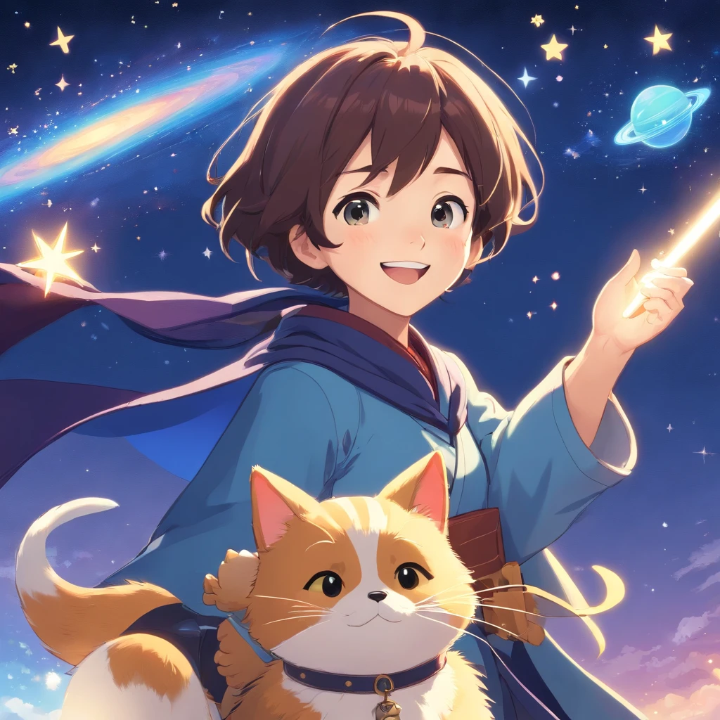 A Disney Pixar movie poster with a character with a short beard and mustache. Wearing a wizard's outfit, smiling, singing into a stand microphone, one arm holding a dog and the other holding a cat. under a blue sky, full of stars, planets and flying saucers
