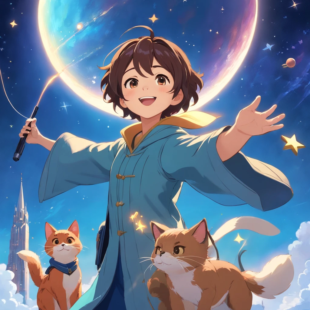 A Disney Pixar movie poster with a character with a short beard and mustache. Wearing a wizard's outfit, smiling, singing into a stand microphone, one arm holding a dog and the other holding a cat. under a blue sky, full of stars, planets and flying saucers