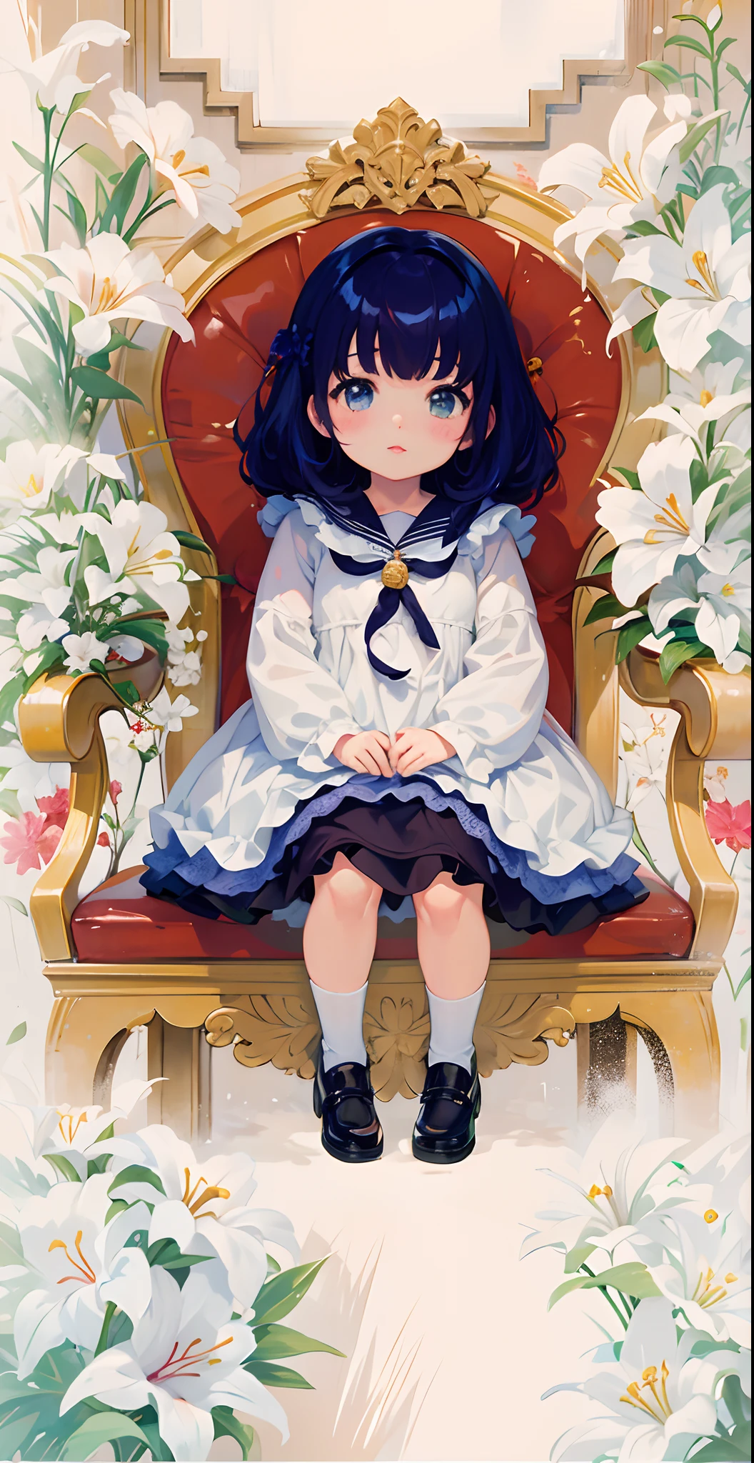 Menina anime sentada em uma cadeira com flores no fundo, visual anime de uma menina bonito, anime moe artstyle, menina pequena loli, capa de anime, small curvy loli, the anime girl is crouching, lolish, sentada em seu trono, meu vestido queridinho anime, Loli no vestido, lily frank, shoujo vintage