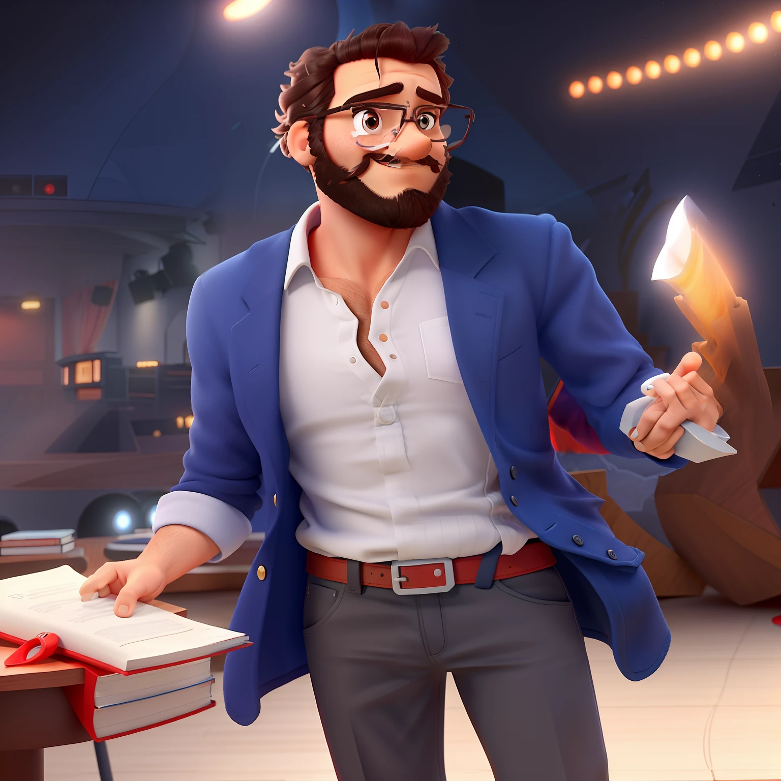 Pode melhorar barba mais rala com uns fios brancos, Make the full body appearing white red shoes. Man stands on black background on a speaker-like stage with microphone in one hand and book in the other in Disney pixar style best quality, maior qualidade.