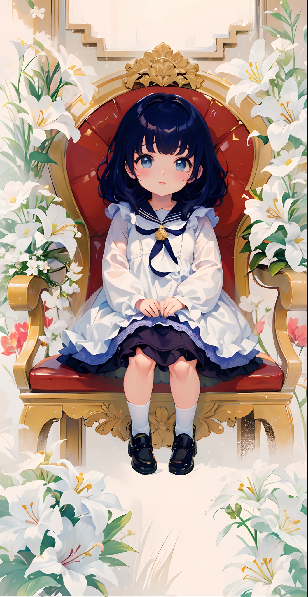 Menina anime sentada em uma cadeira com flores no fundo, visual anime de uma menina bonito, anime moe artstyle, menina pequena loli, capa de anime, ??????????? loli, the anime girl is crouching, lolish, sentada em seu trono, meu vestido queridinho anime, Loli no vestido, lily frank, shoujo vintage