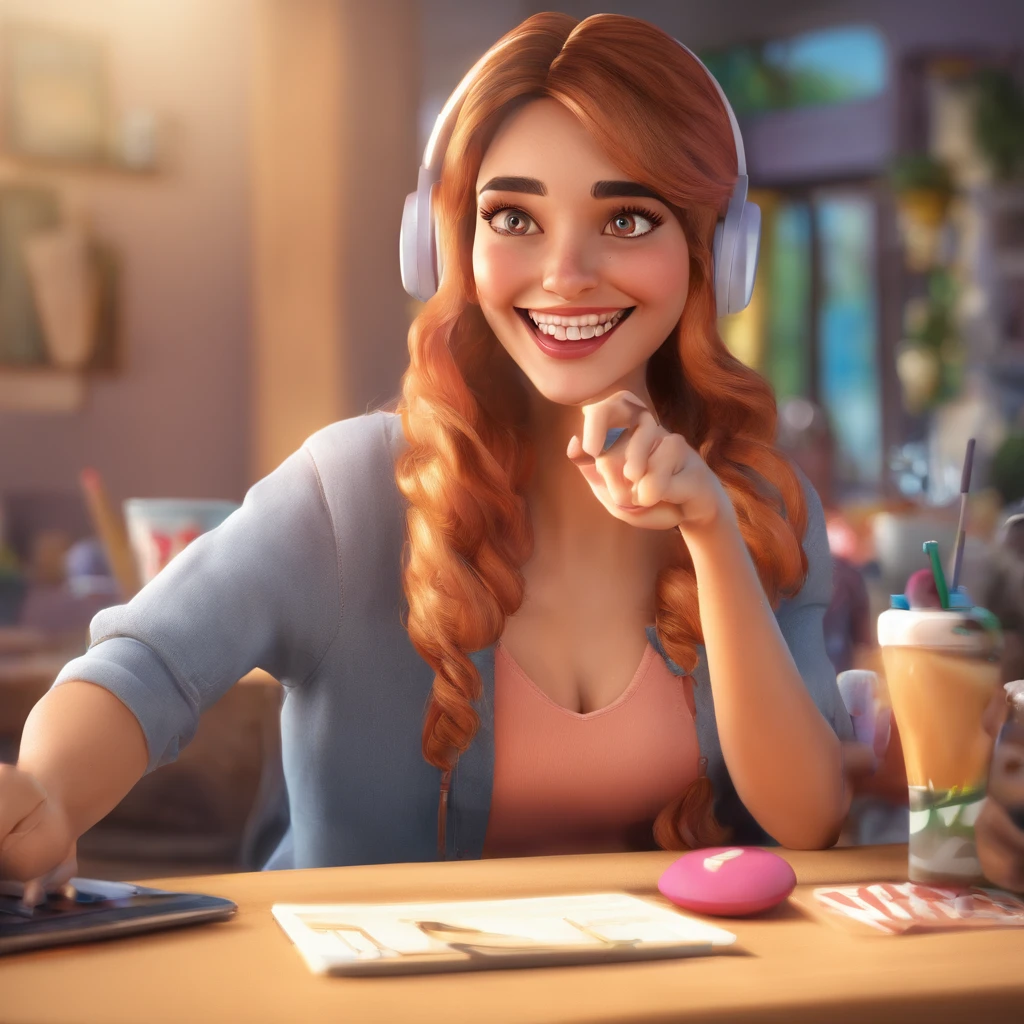 create a 3D movie poster inspired by Disney Pixar, The scene should be in Pixar's signature digital art style, com uma imagem caricatural, There is a woman with a tattoo on her chest smiling, she is smiling and excited, she is smiling and happy, happily smiling at the camera, She is grinning, grande sorriso em seu rosto, sorrindo sedutoramente, bonito e sorridente, lovely smile, sorriso insano, ela expressando alegria, She is laughing, sorriso sedutor louco, sorrindo e olhando diretamente, sorriso muito grande