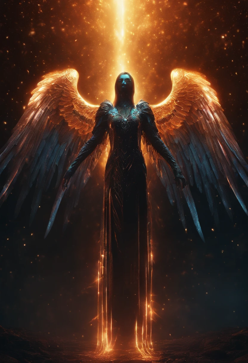Cosmic Fallen Angel, glowing light eyes, Biomechanical, eerie, Creepy, nightmarish, Very bright colors, Light particles, with light glowing, Mshiff, wallpaper art, UHD wallpaper