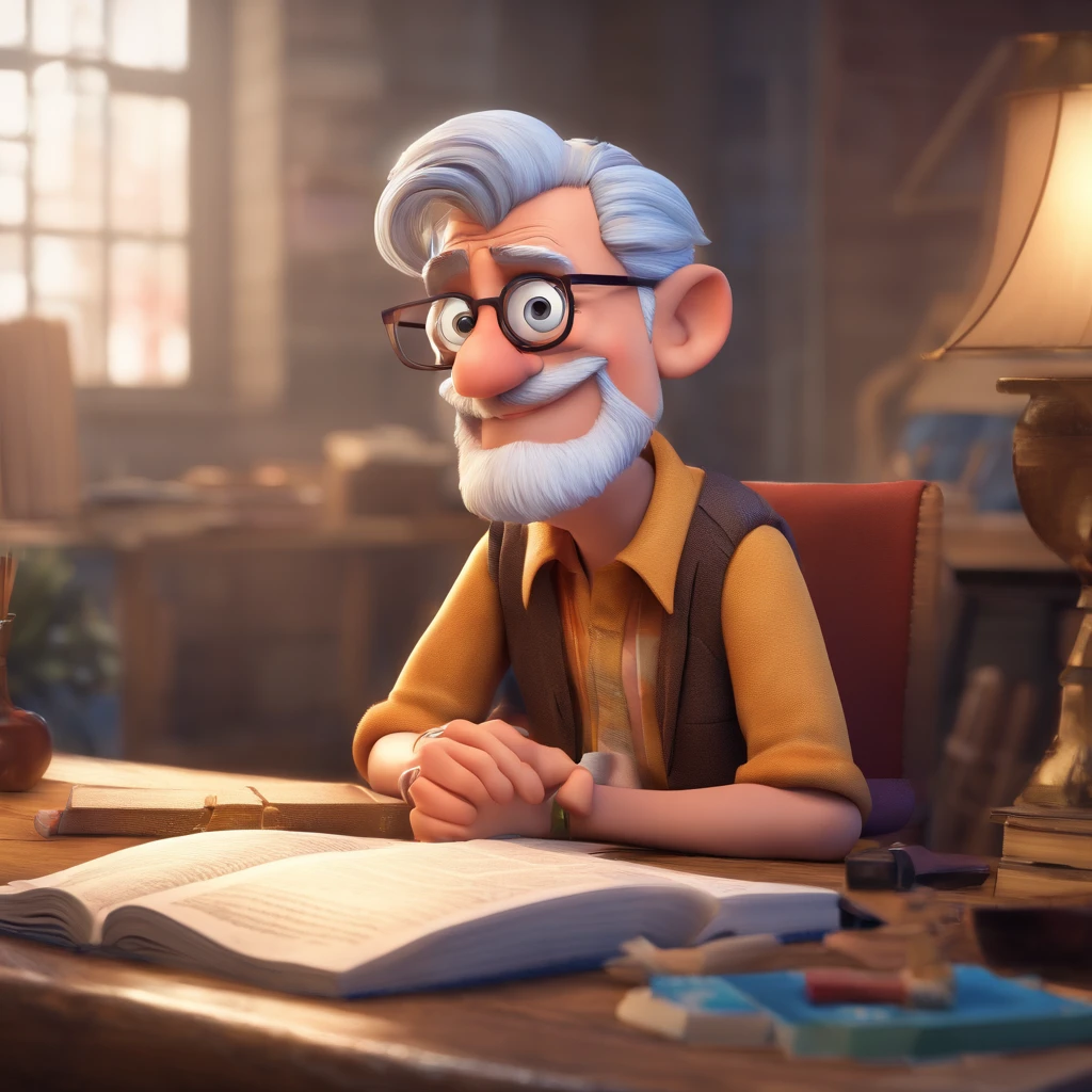 Crie um cartaz inspirado na Disney Pixar com o personagem sendo o pastor Rubens Janier, A gray-haired man wearing glasses, in an office with a Bible on the table