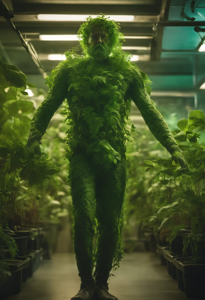 Image of a green man scientist standing in a laboratory with plants coming out of his body, Scary Organic Cyborg