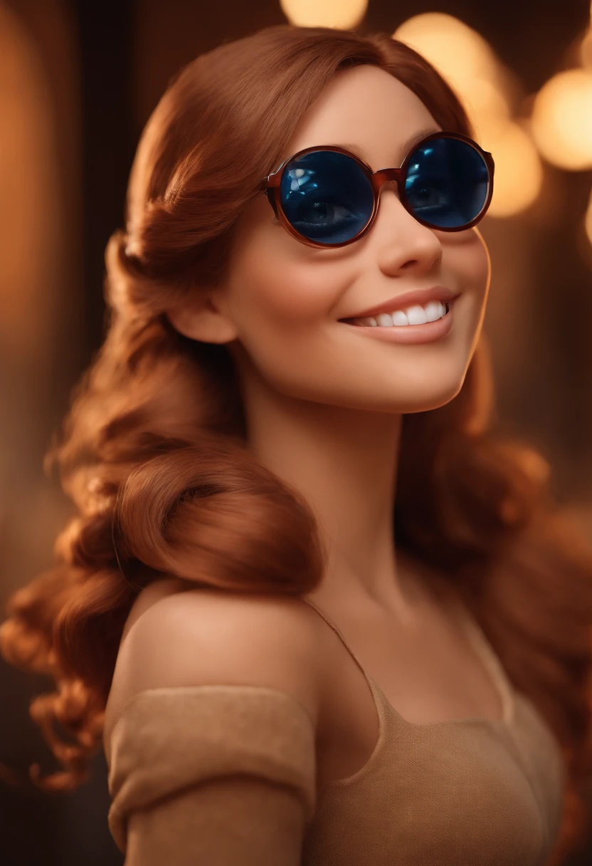Pixar style image with 3D character brown glasses,  mulher pele clara cabelo liso comprido, cabelo divido no meio , pirsing no nariz , olhos castanhos , Maquiagem Disney, bonitinho, sorridente ,Close-up, Pixar, Disney, Cinema lighting,