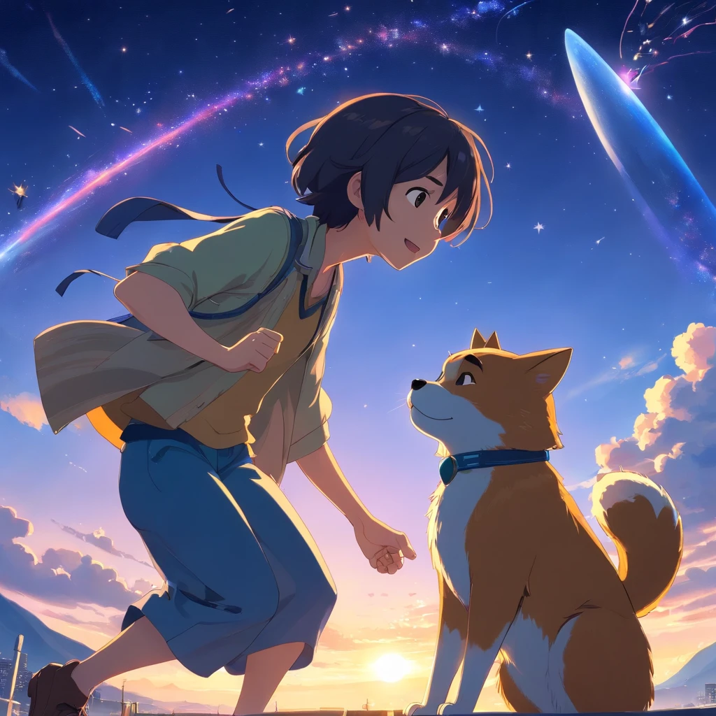Um cartaz de filme pixar da disney com um personagem de barba e bigode curtos. Wearing a hat and wizard's outfit, sorrindo, cantando num microfone de pedestal, in one arm holding a dog and in the other holding a cat. Under a blue sky, cheio de estrelas, planetas e discos voadores