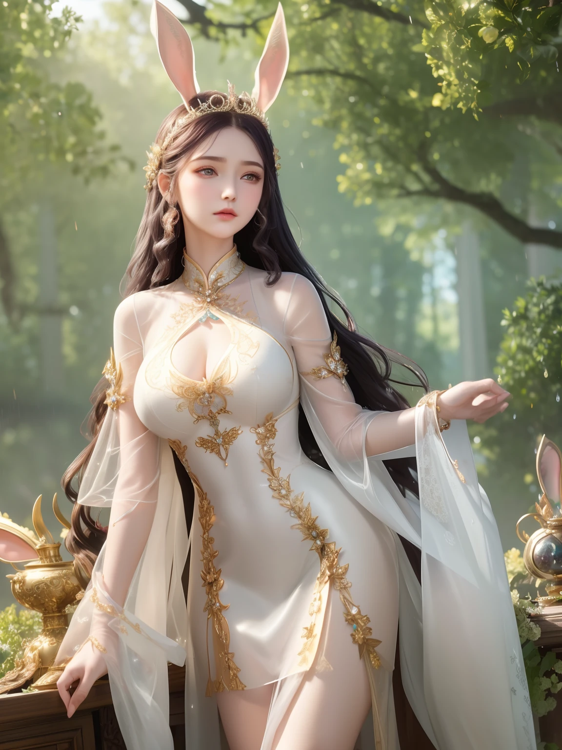 1girl, woman of the Renaissance,very bright light, pouting,jwy1,((see-through)), {beautiful and detailed eyes}, ((hands behind back)),sumptuous jewel, tiara, wet, rainy forest, 18 yo,(angel_wings),CHIBI,1 girl,wonyounglorashy,rabbit ears,long dress,long hair, hair
