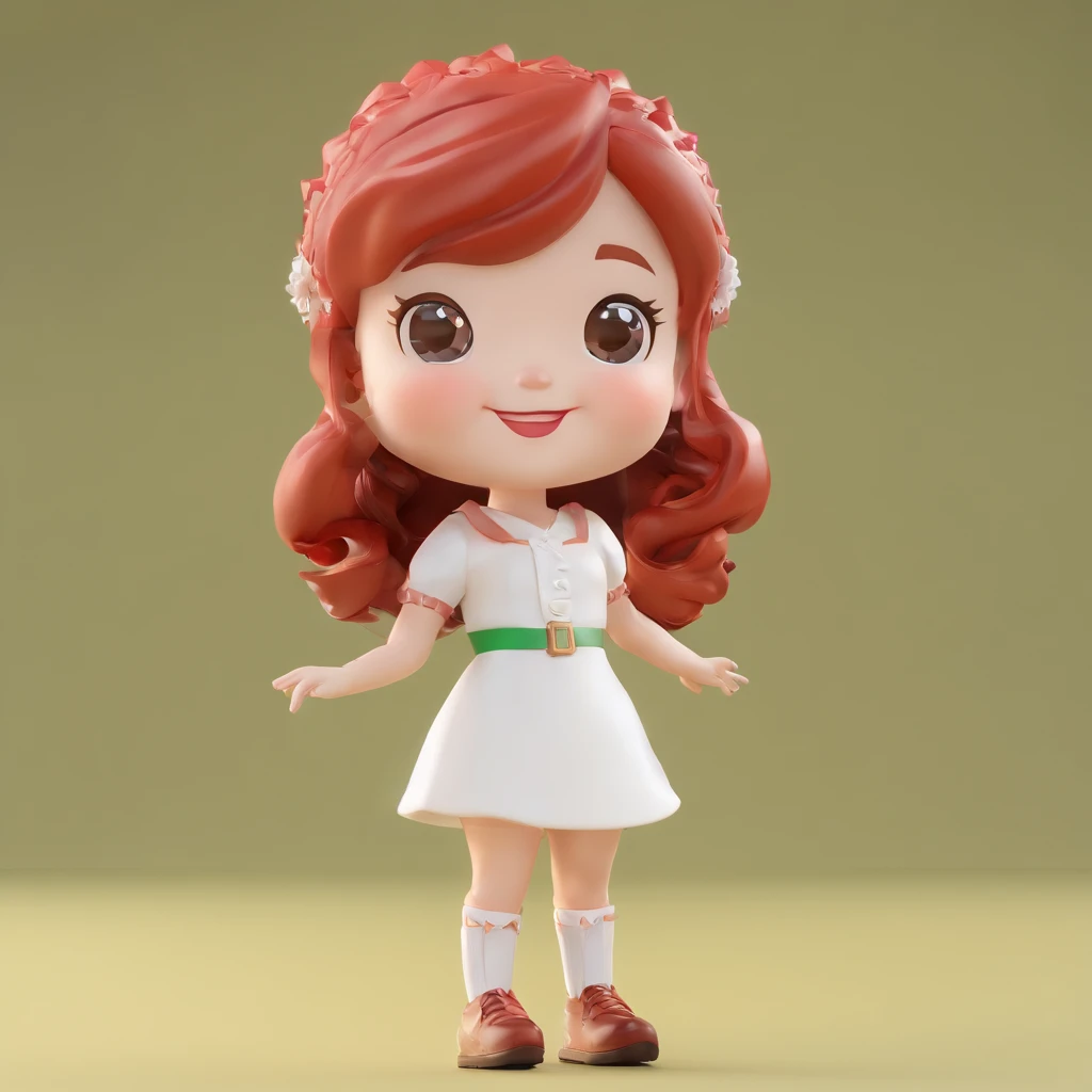 Super cute girl IP peppercorns, Bright eyes, Red long-haired,Little white dress, Clay, brown legwear，a blind box toy, China-style，Glossy and delicate,Green background，Good gloss, 3D rendering of,Best quality