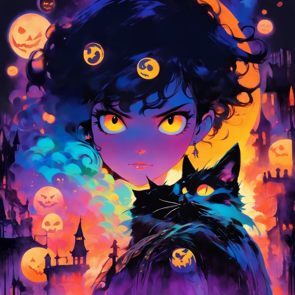 girl with a black cat on her shoulder, in anime style, there is a one cat next to her, in anime style, coraline, detailed fanart, anime style illustration, masterpiece, high resolution, one girl, one black cat, Button in the background acuarela style, one large button in the back, flat background, white background, illustration for sticker, sticker art, button as moon, Halloween
