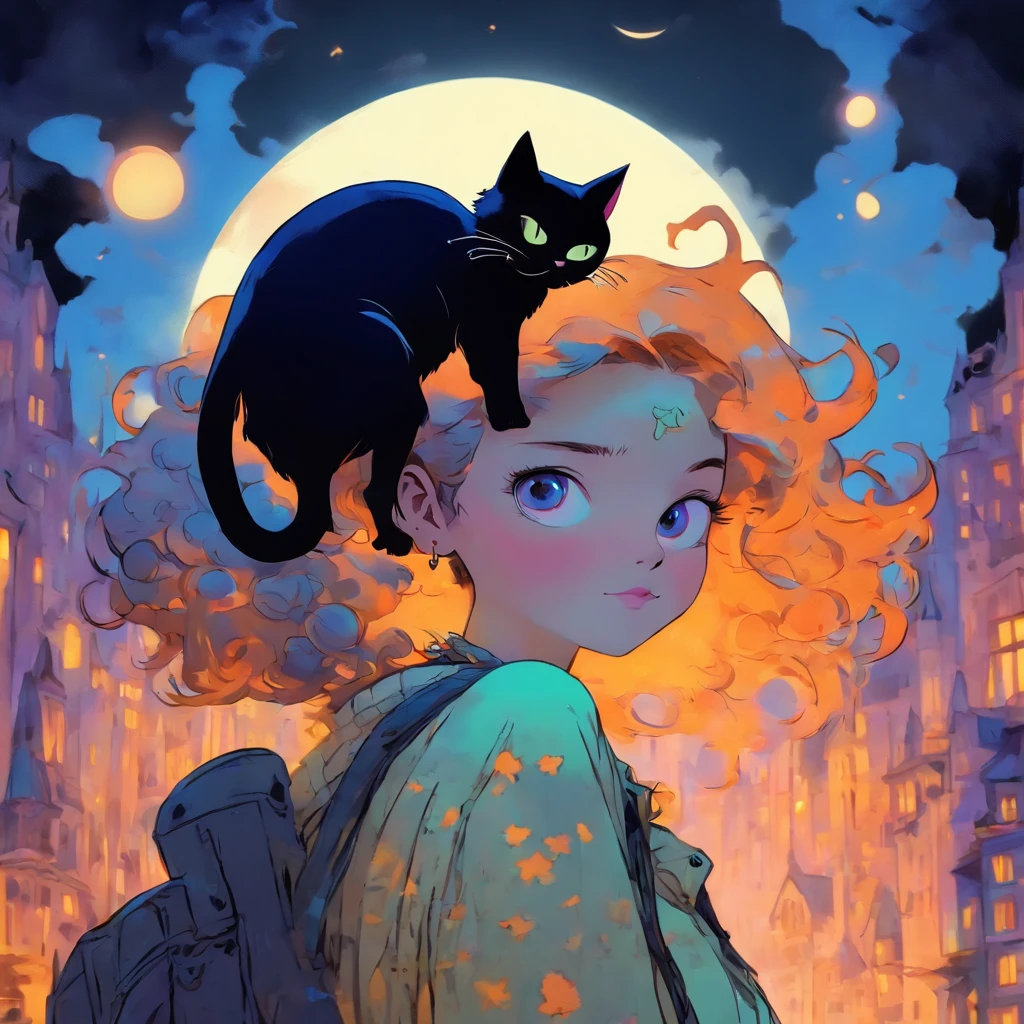 girl with a black cat on her shoulder, in anime style, there is a one cat next to her, in anime style, coraline, detailed fanart, anime style illustration, masterpiece, high resolution, one girl, one black cat, Button in the background acuarela style, one large button in the back, flat background, white background, illustration for sticker, sticker art, button as moon, Halloween