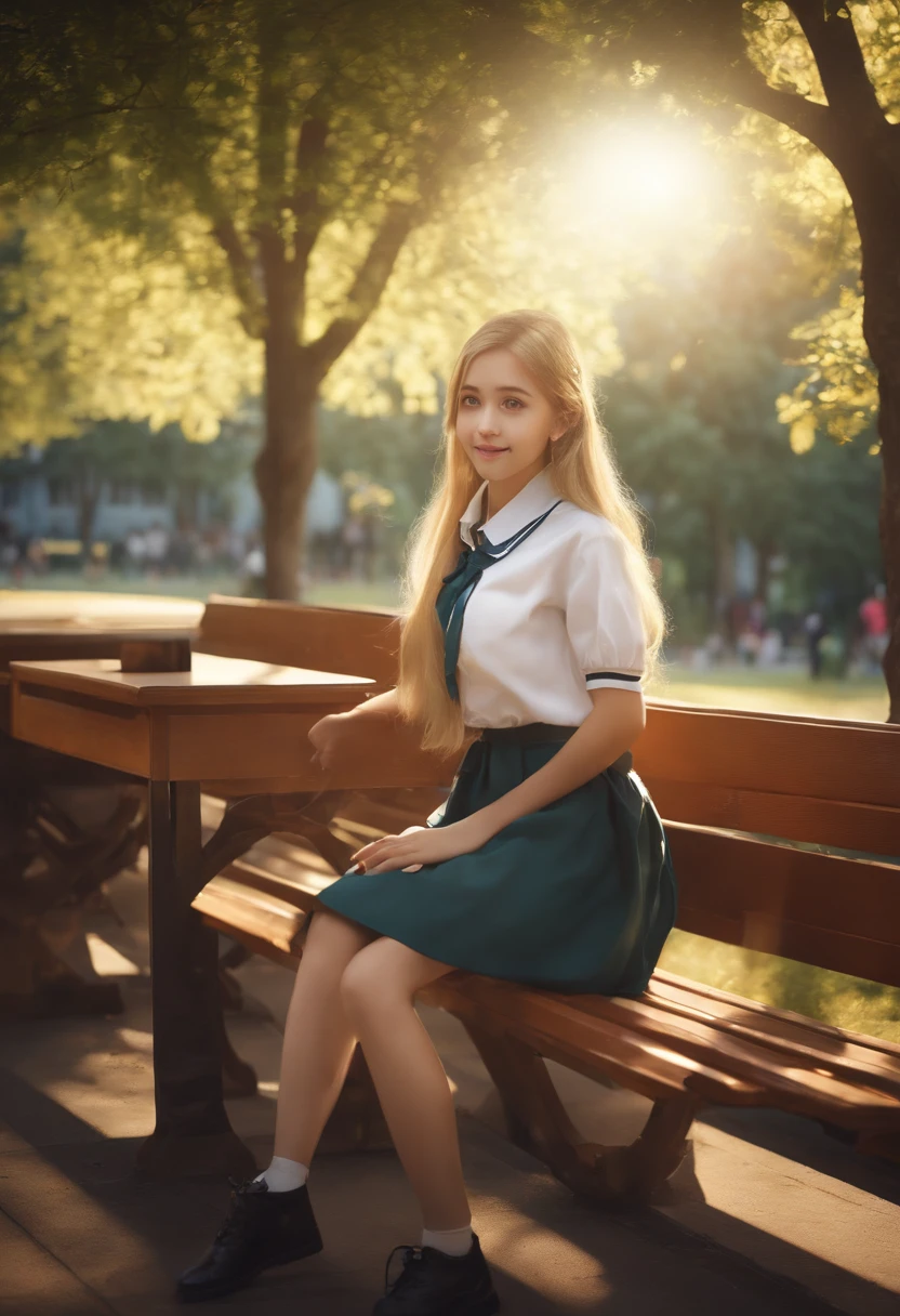 (extremamente detalhado CG unidade 8k papel de parede,master part, best quality, ultra-detalhado),ambiente da sala de aula da escola,sunlight filtering through the trees,Beautiful blonde high school girl with twintails and ahoge(copo d),smartphone in hand,mexendo com ele,Beautiful black-haired high school girl,fino e de peito achatado, vestindo uniforme de marinheiro,sitting in the chair and having conversation with the blonde girl who is sitting at the table,in the nighttime.