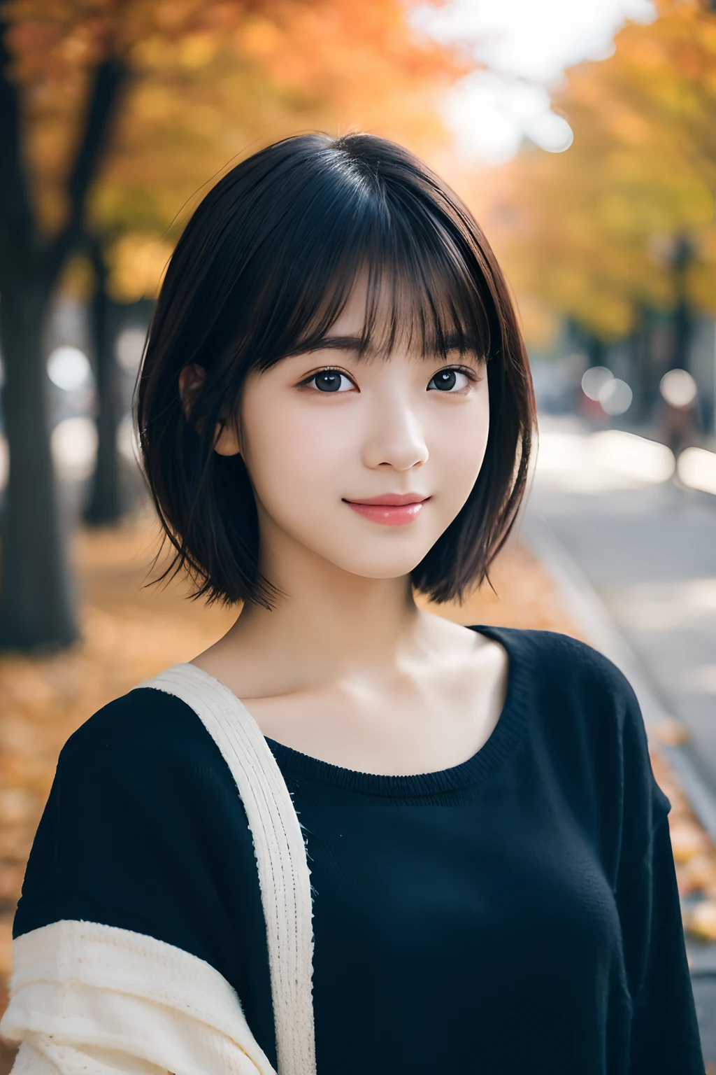 1girl in, (Wear casual fall attire:1.2), (:1.5), Young Face, Cute face,
(Raw photo, Best Quality), (Realistic, Photorealsitic:1.4), masutepiece, foco nítido,
Extremely delicate and beautiful, Extremely detailed, 2k wallpaper, amazing, finely detail,
the Extremely Detailed CG Unity 8K Wallpapers, Ultra-detailed, hight resolution, Soft light,
Beautiful detailed girl, extremely detailed eye and face, beautiful detailed nose, Beautiful detailed eyes,
break
Autumn Street Corner, Cinematic lighting,
Perfect Anatomy, Slender body, Straight short hair, Parted bangs, innocent smiles, Looking at Viewer