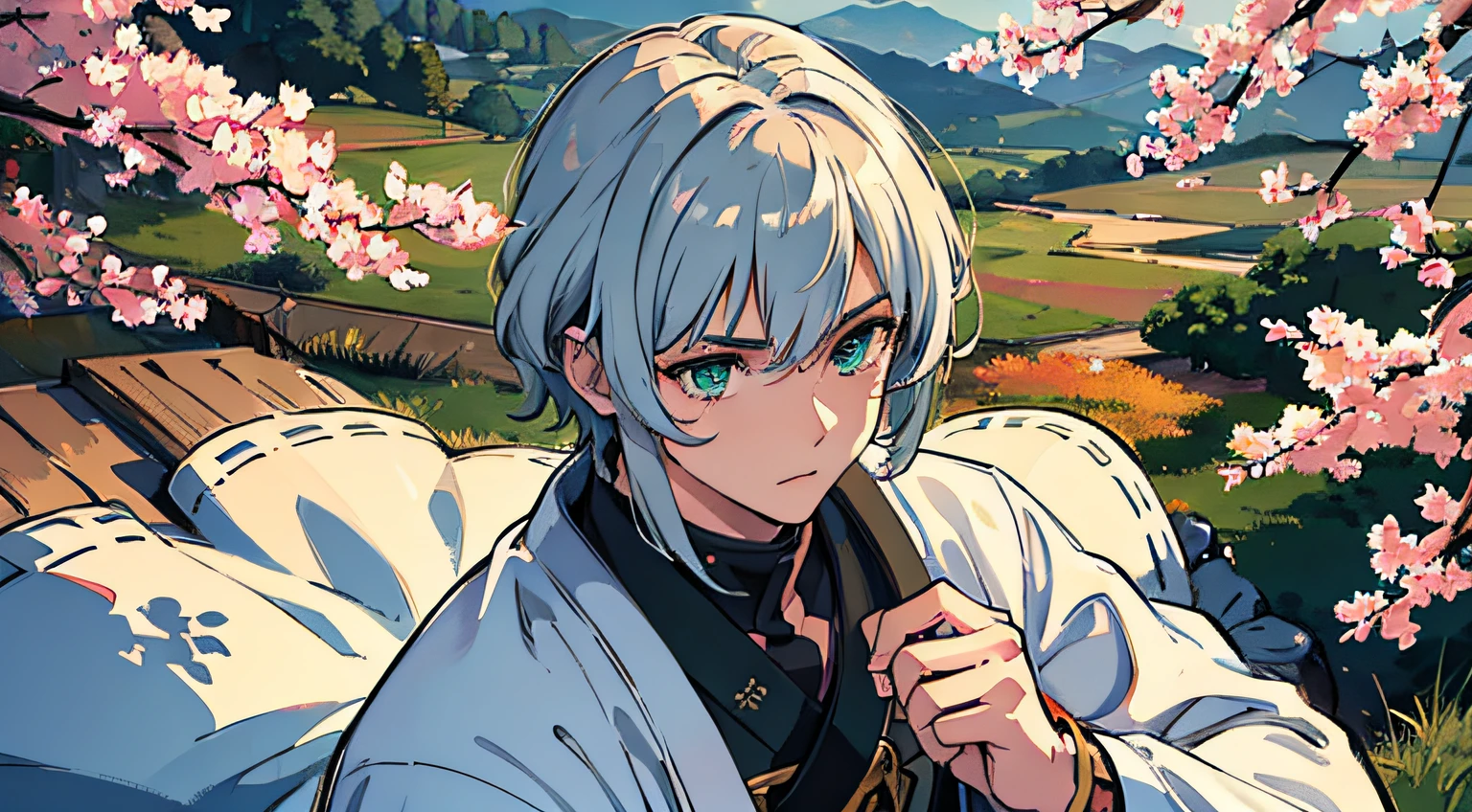 temple, highres, highest quallity, illustration, ultra detailed, (detailed face), (detailed eyes), soft lighting, best quality, hazy glow, dreamy atmosphere, hyper detailed, masterpiece, 1men, solo, silver hair, green eyes, traditional cloth, Japanese knight, men hair style, silk belt, brave men, strong men, serious face, luminous eyes, athletic body, (colorful), cowboy shot, from above, outdoors, morning, clouds, busy, trees, autumn, falling leaves, bright sakura tree,