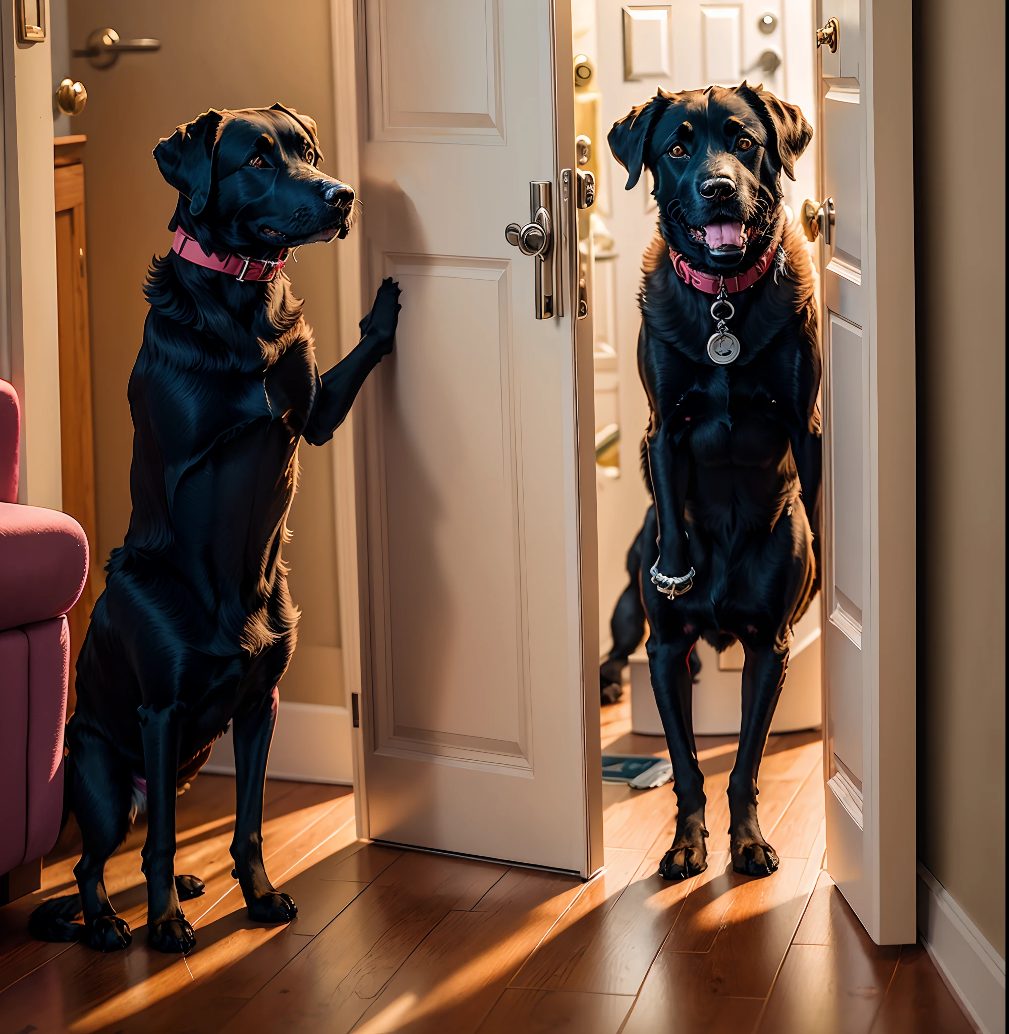 Black Labrador dog with red eyes standing at the doorway staring at his human owner who is sleeping on the couch who was watching t.v.