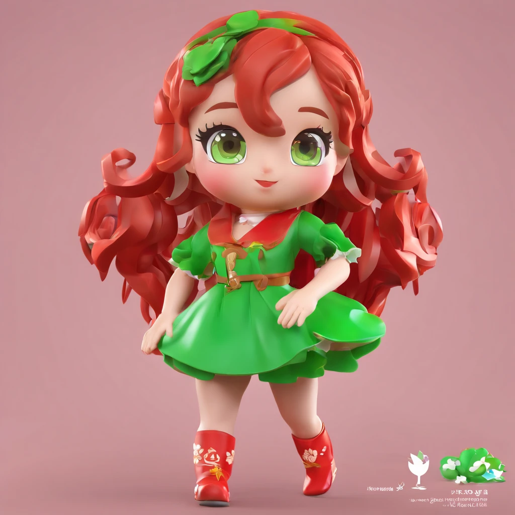 Super cute girl IP peppercorns, Bright eyes, Red long-haired,Red dress, brown legwear,a blind box toy, China-style,Glossy and delicate,Green background,Good gloss, 3D rendering of,Best quality