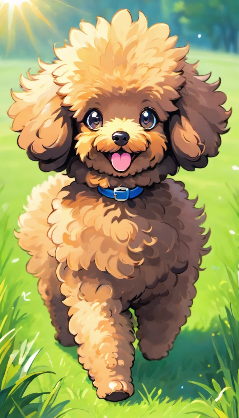 Toy Poodle, slender legs, dark brown chocolate mud colored fur, gray highlights in fur, magical creature, meticulous attention to serial, sense of depth and texture in fluffy coat, elegance, grace, well proportioned, slender, fluffy curly fur, slightly elongated neck, dark black eyes, adorable, slightly overgrown fur, cosmic gray highlights in dark chocolate brown fur, trotting towards photographer in lush green trimmed grass, sun shining with blue skies, kaleidoscope of light shines behind poodle, happy and smiling poodle, round fluffy muzzle, dark black cute button nose