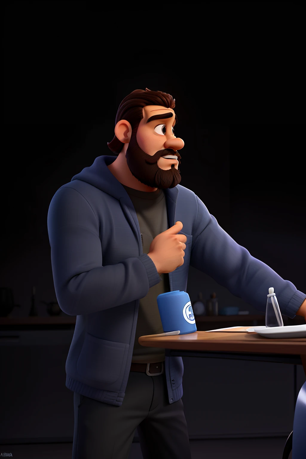 Poster no estilo Disney pixar, alta qualidade, melhor qualidade, homem moreno, 39 anos cabelo curto preto,barba preta, musculoso, olhos abertos