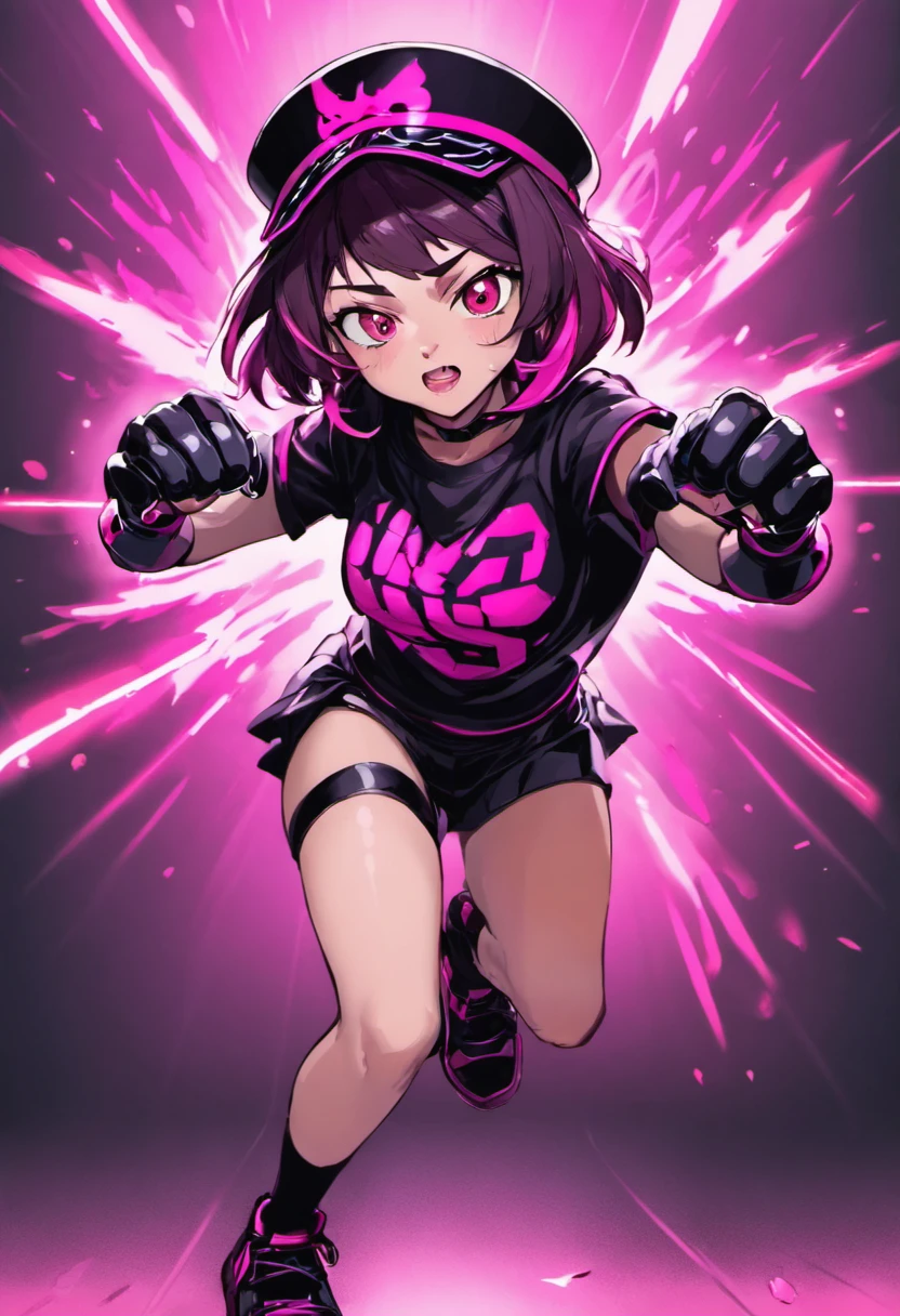 una chica joven adolescente de cabello rosa (esponjoso), ojos marrones (grandes), mejillas coloradas usando una camiseta negra por dentro de una falda negra con rosa, zapatos morados, Serious facial expression with black gloves and a visor on his head