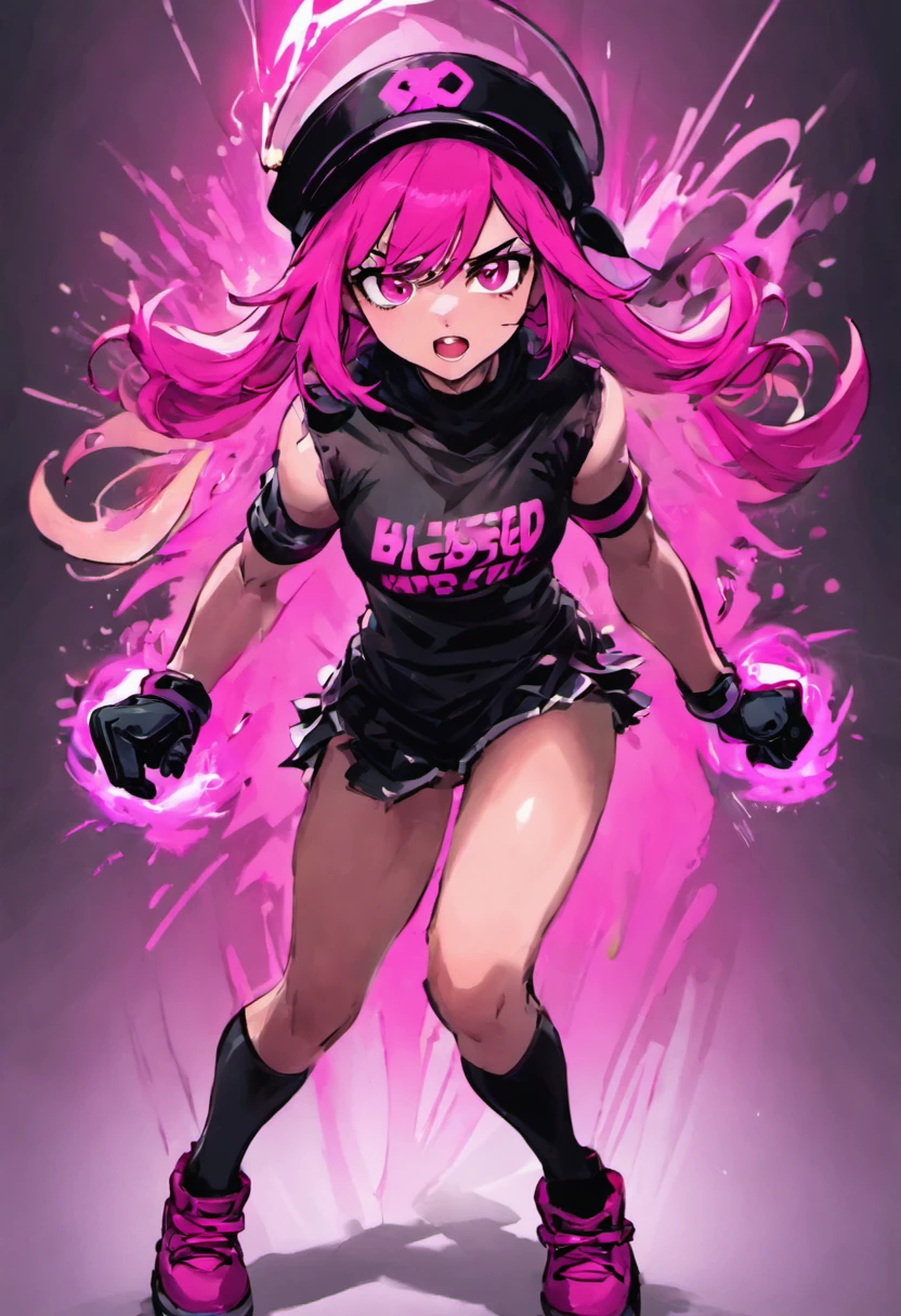 una chica joven adolescente de cabello rosa (esponjoso), ojos marrones (grandes), mejillas coloradas usando una camiseta negra por dentro de una falda negra con rosa, zapatos morados, Serious facial expression with black gloves and a visor on his head