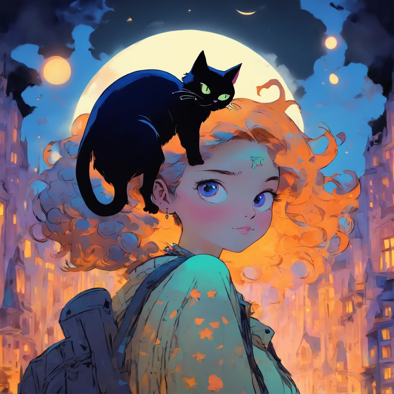 girl with a black cat on her shoulder, in anime style, there is a one cat next to her, in anime style, coraline, detailed fanart, anime style illustration, masterpiece, high resolution, one girl, one black cat, Button in the background acuarela style, one large button in the back, flat background, white background, illustration for sticker, sticker art, button as moon, Halloween