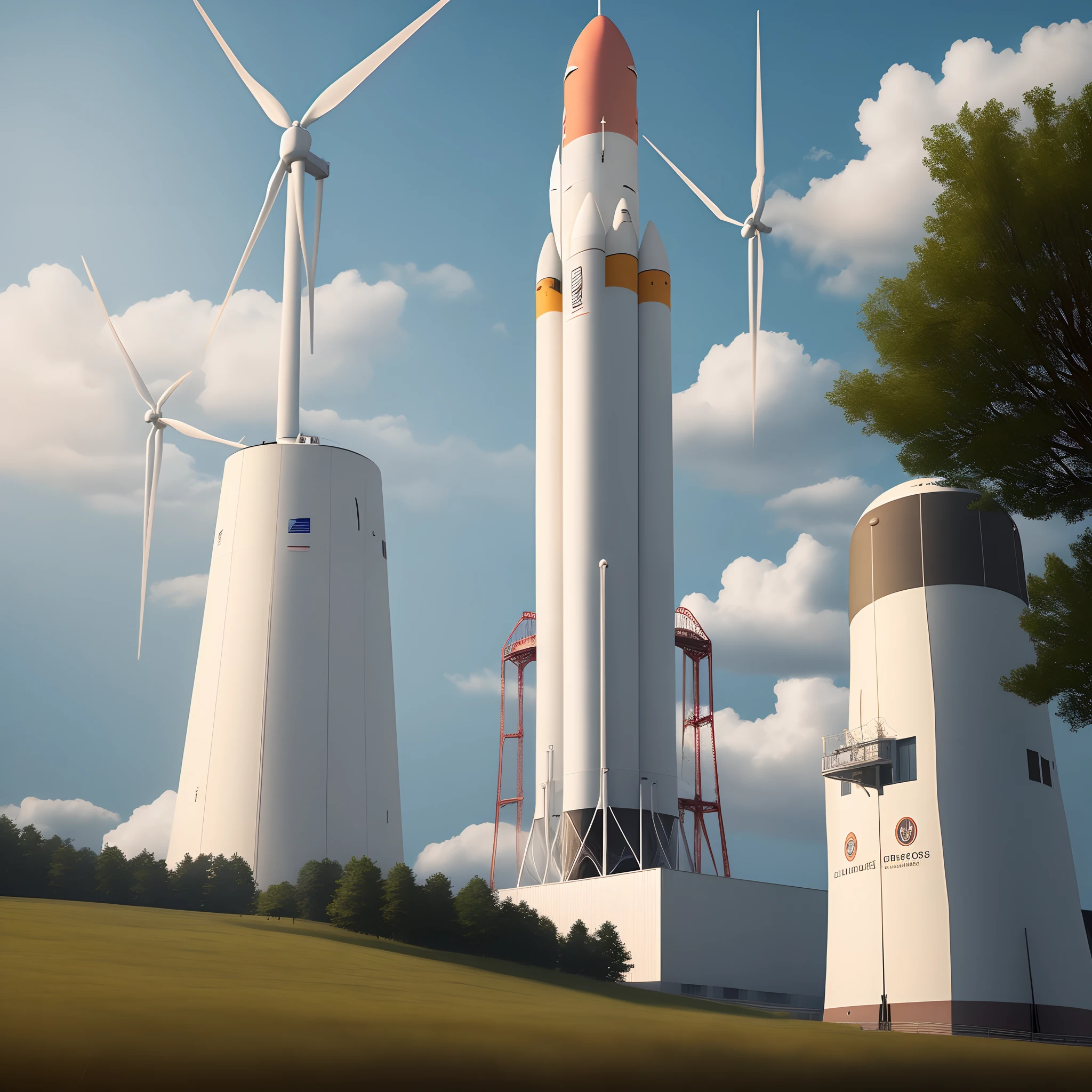Generate an image displaying a rocket,  a library, and a wind turbine with nature in the background