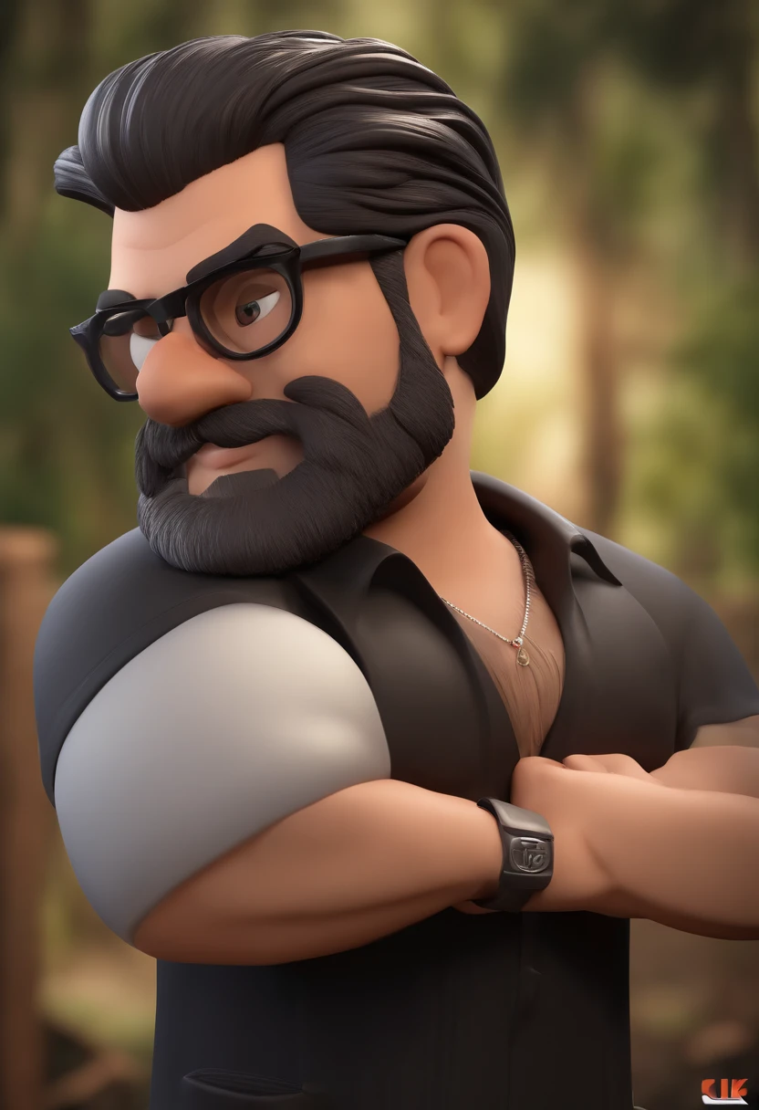 Cartoon character of a man with black glasses and a black polo shirt, cabelo liso, With beard and old school tattoo on his arm, animation character, Caractere estilizado, animation style rendering, 3D estilizado, Arnold Maya render, 3 d render stylized, toon render keyshot, Personagem 3D, Personagem 3D, 3d rendering stylized, 3 d character render, personagem de desenho animado, Personagem de close up, Pose de personagem, (Estilo Pixar) (master part:1.2) (Bokeh) (best quality) (pele detalhada) (textura detalhada) (8k) (argila) (Cinematic lighting) (foco nítido