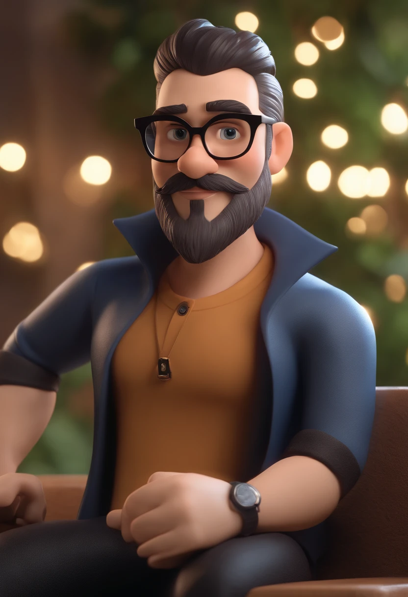Cartoon character of a man with black glasses and a black polo shirt, cabelo liso, With beard and old school tattoo on his arm, animation character, Caractere estilizado, animation style rendering, 3D estilizado, Arnold Maya render, 3 d render stylized, toon render keyshot, Personagem 3D, Personagem 3D, 3d rendering stylized, 3 d character render, personagem de desenho animado, Personagem de close up, Pose de personagem, (Estilo Pixar) (master part:1.2) (Bokeh) (best quality) (pele detalhada) (textura detalhada) (8k) (argila) (Cinematic lighting) (foco nítido